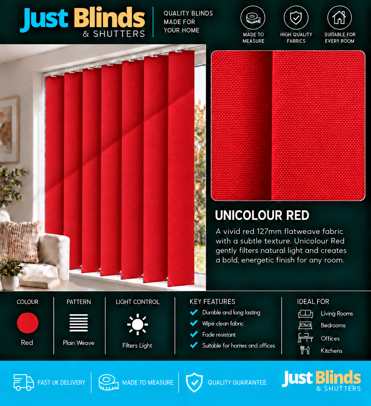 Unicolour Red Vertical Blind Slats 127mm
