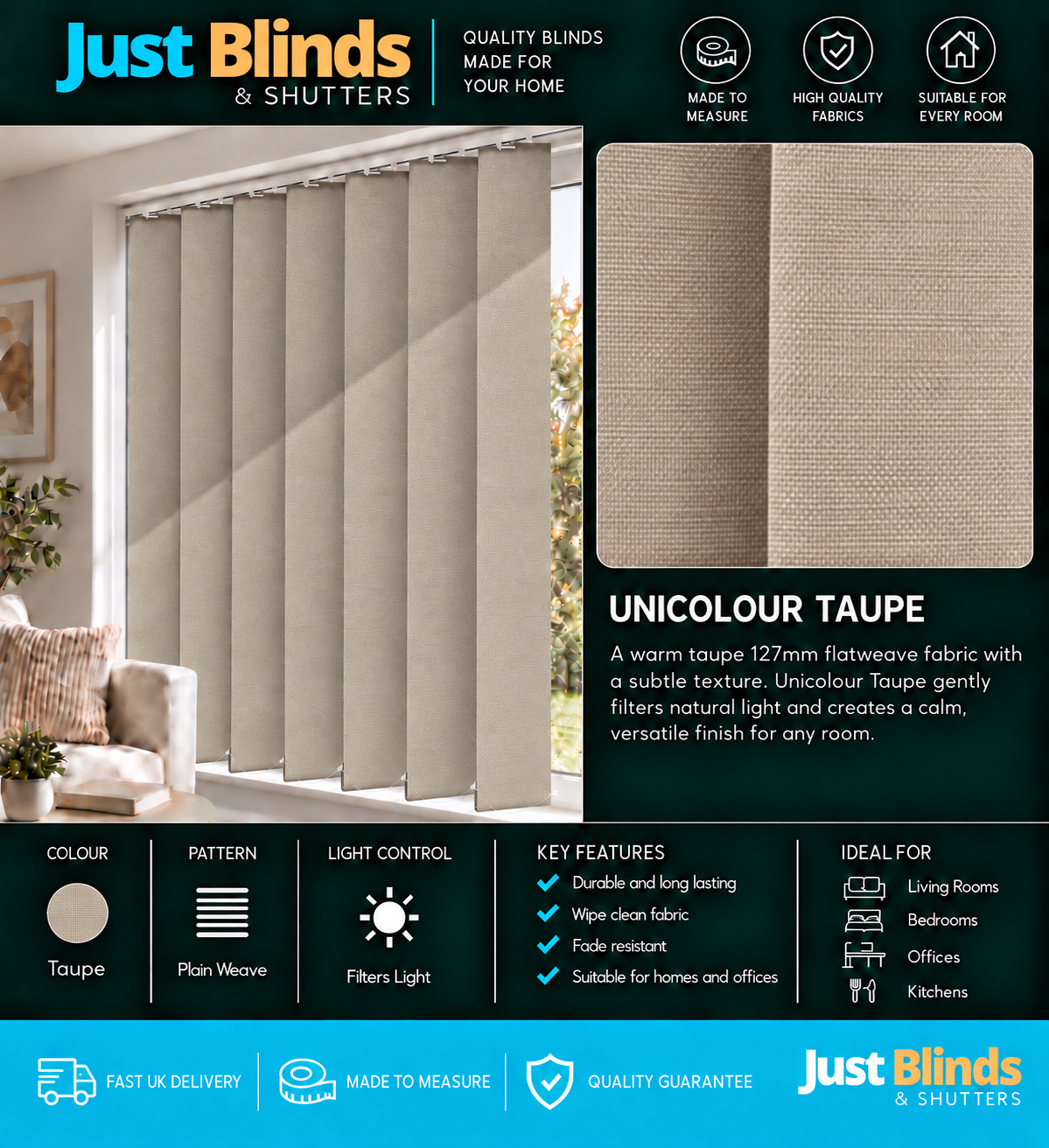 Unicolour Taupe Vertical Blind Slats 127mm