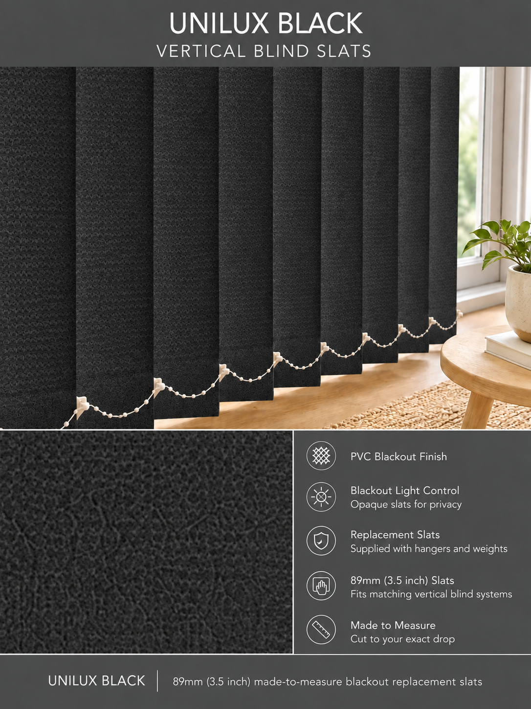 Unilux Black PVC Blackout Vertical Blind Slats — Fitz master template