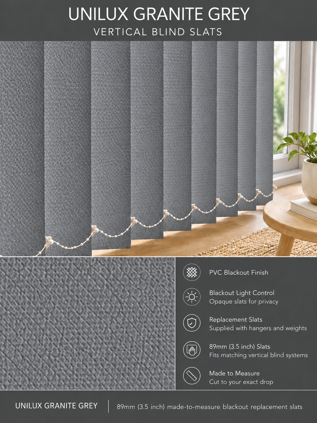 Unilux Granite Grey PVC Blackout Vertical Blind Slats — Fitz master template