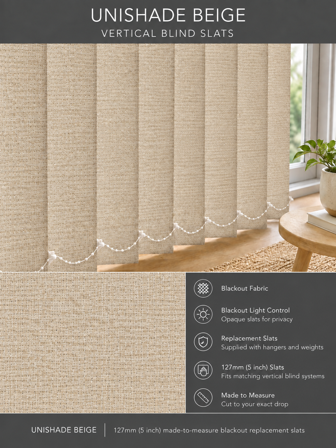 Unishade Beige blackout vertical blind slats (127mm)