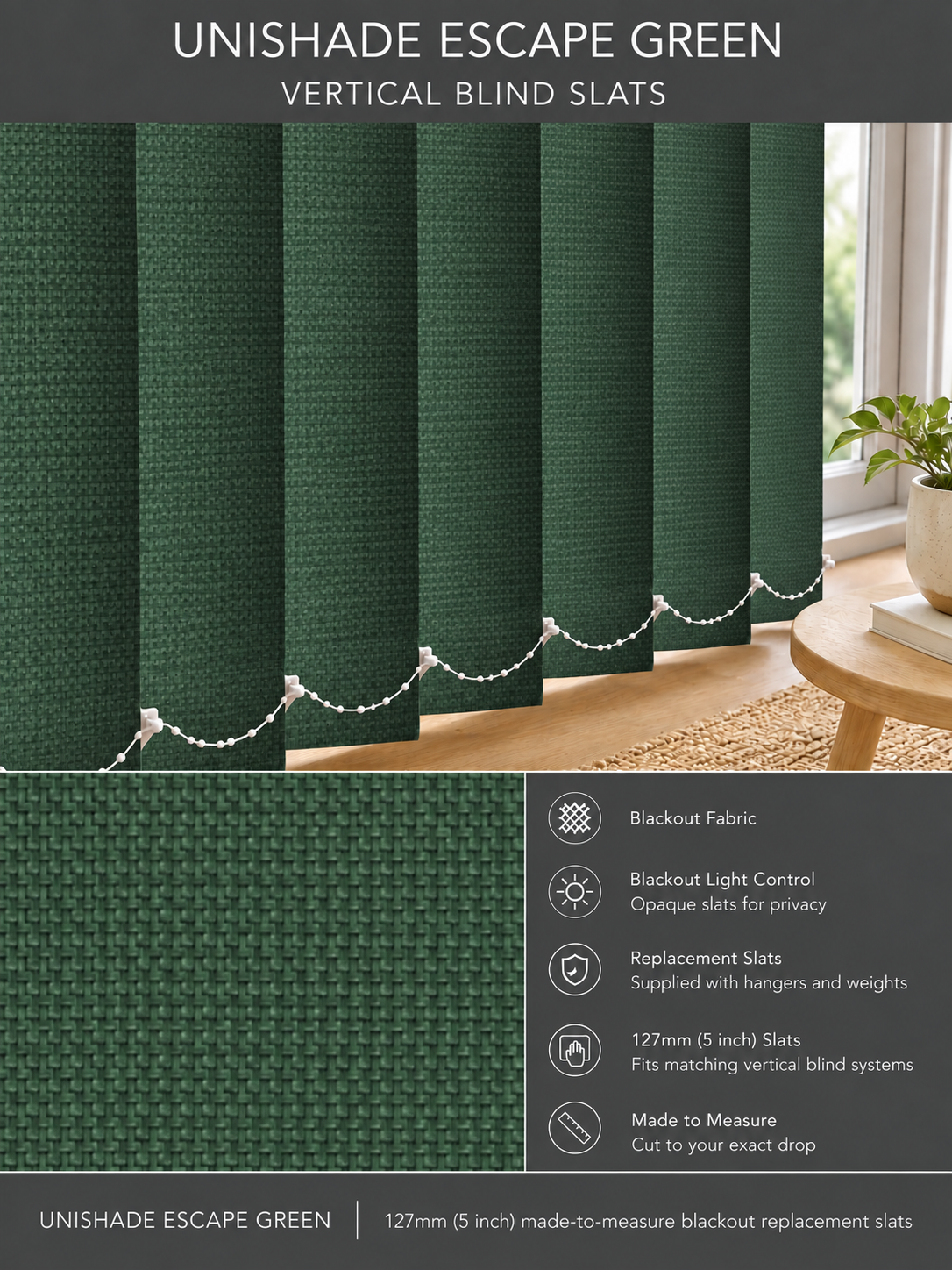 Unishade Escape Green blackout vertical blind slats (127mm)