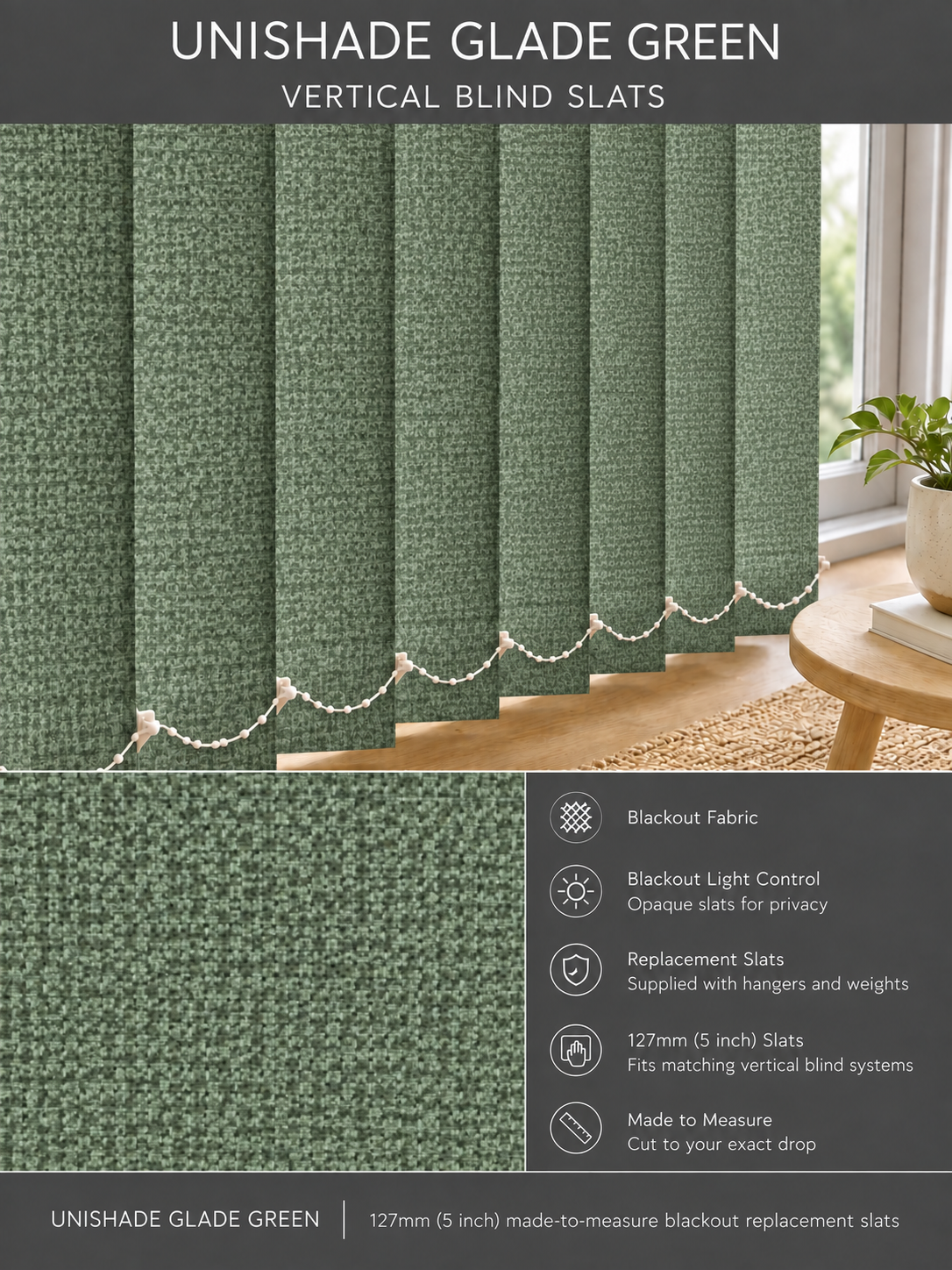 Unishade Glade Green blackout vertical blind slats (127mm)