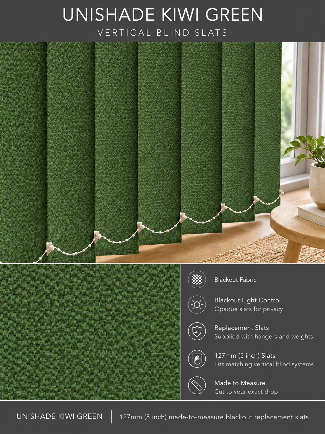 Unishade Kiwi Green blackout vertical blind slats (127mm)