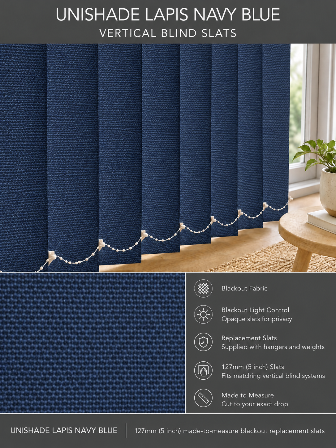 Unishade Lapis Navy Blue blackout vertical blind slats (127mm)