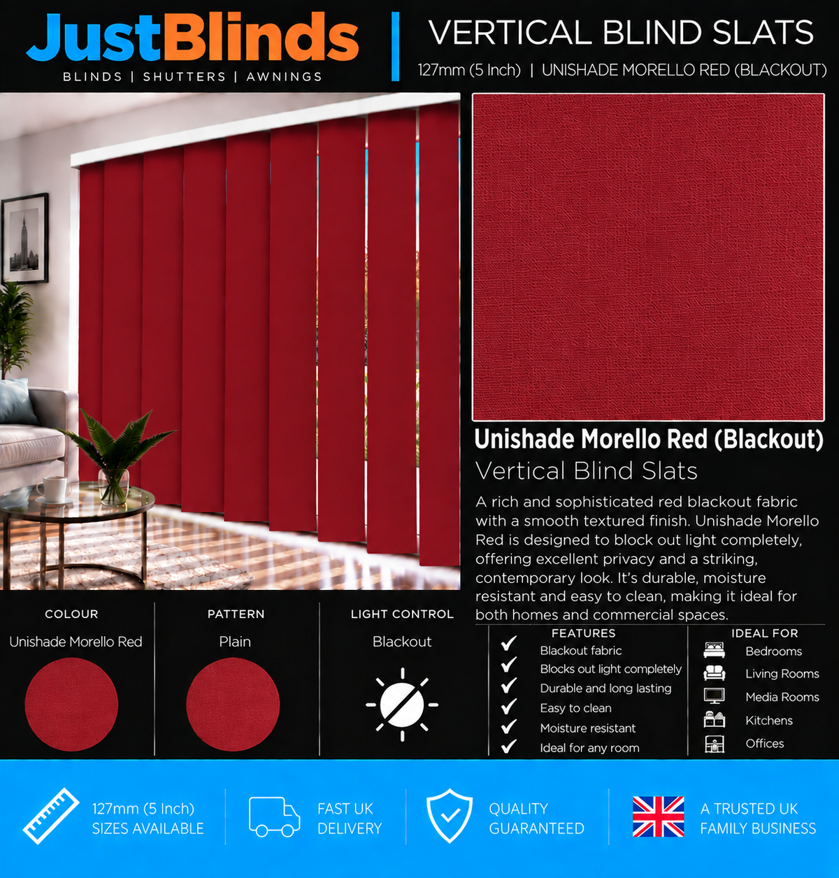 Unishade Morello Red Blackout Vertical Blind Slats 127mm - Senna Version 2