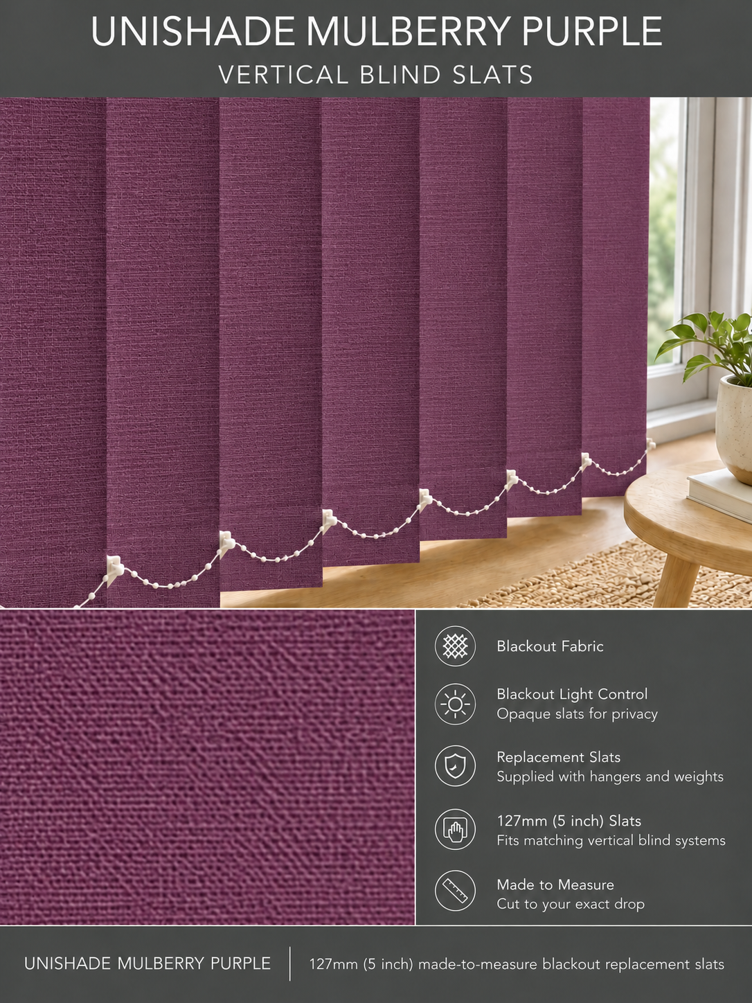 Unishade Mulberry Purple blackout vertical blind slats (127mm)