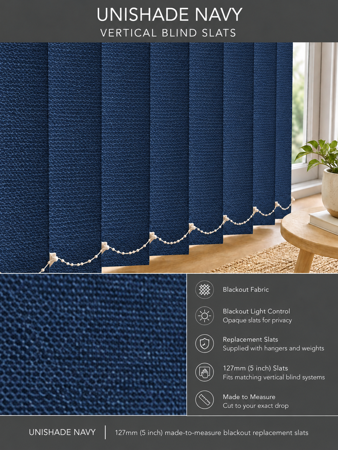 Unishade Navy blackout vertical blind slats (127mm)