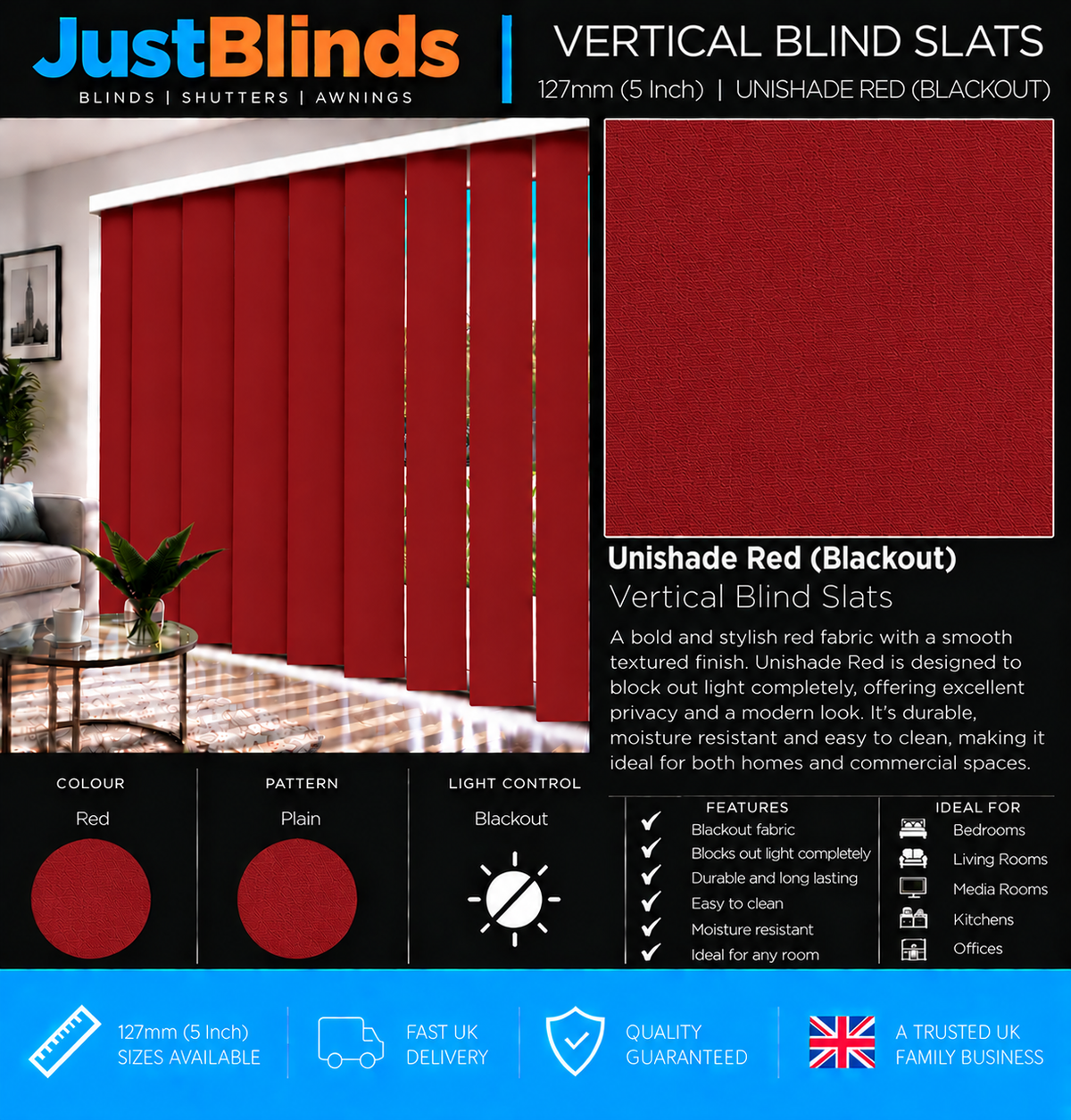 Unishade Red Blackout Vertical Blind Slats 127mm - Senna Version 2
