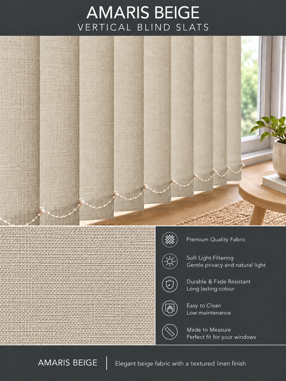 Amaris Beige Vertical Blind Slats 89mm - Version 3