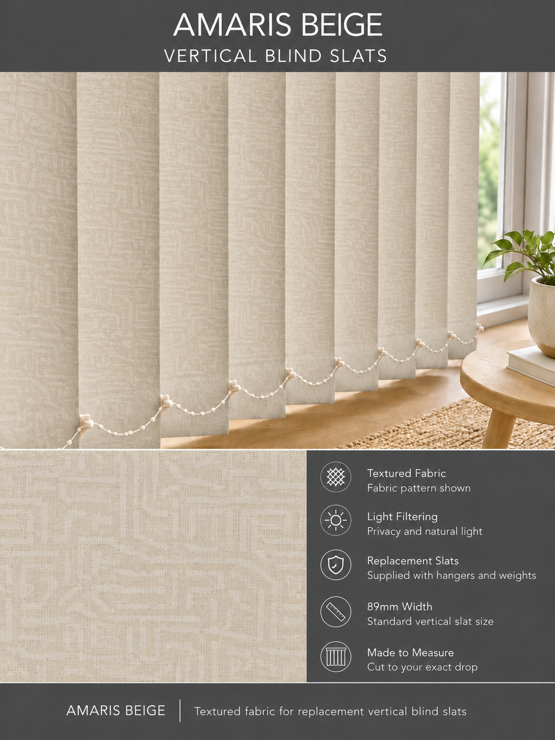 Amaris Beige Vertical Blind Slats (89mm) — Fitz template