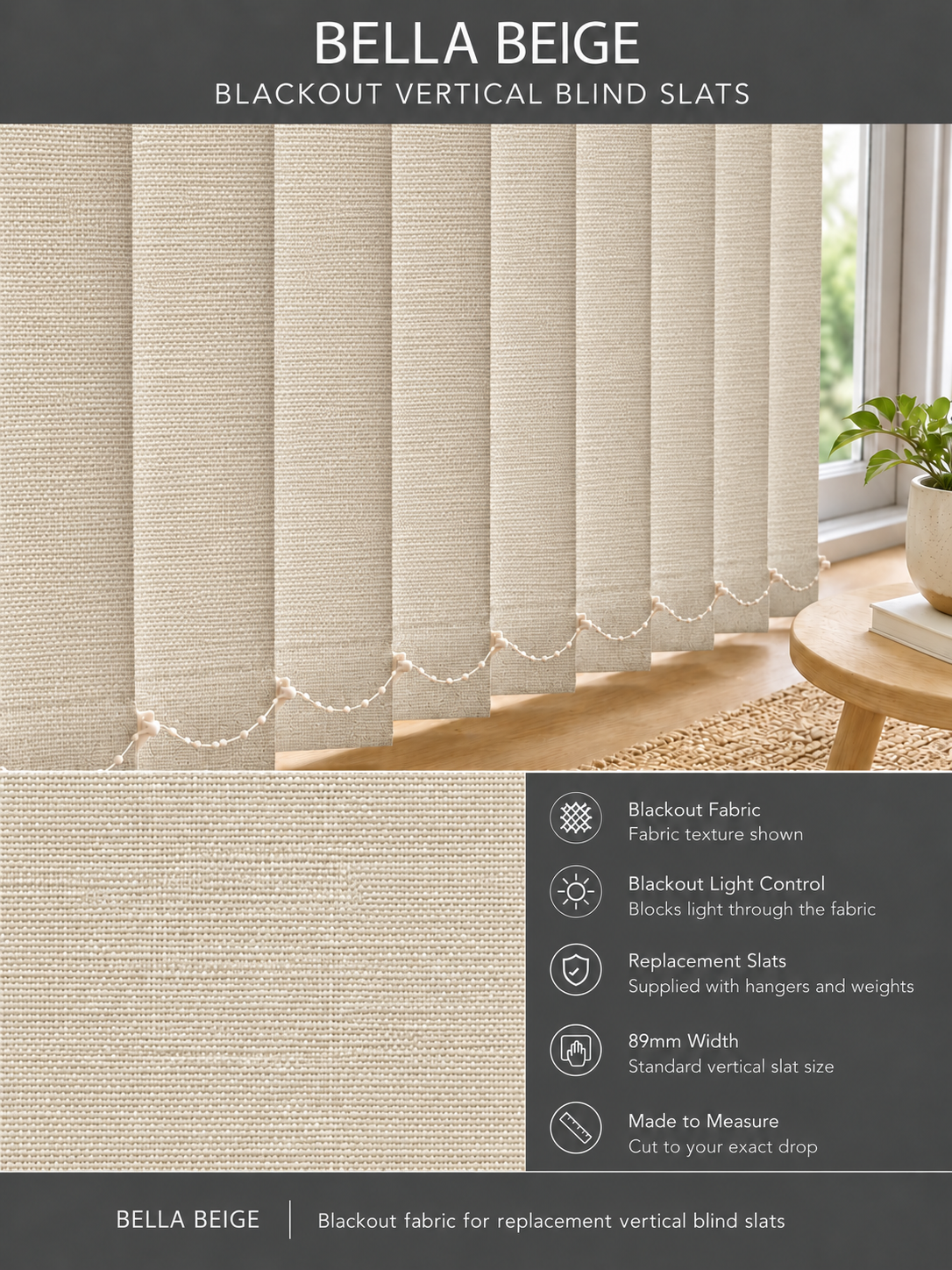 Bella Beige Blackout Vertical Blind Slats fabric and features