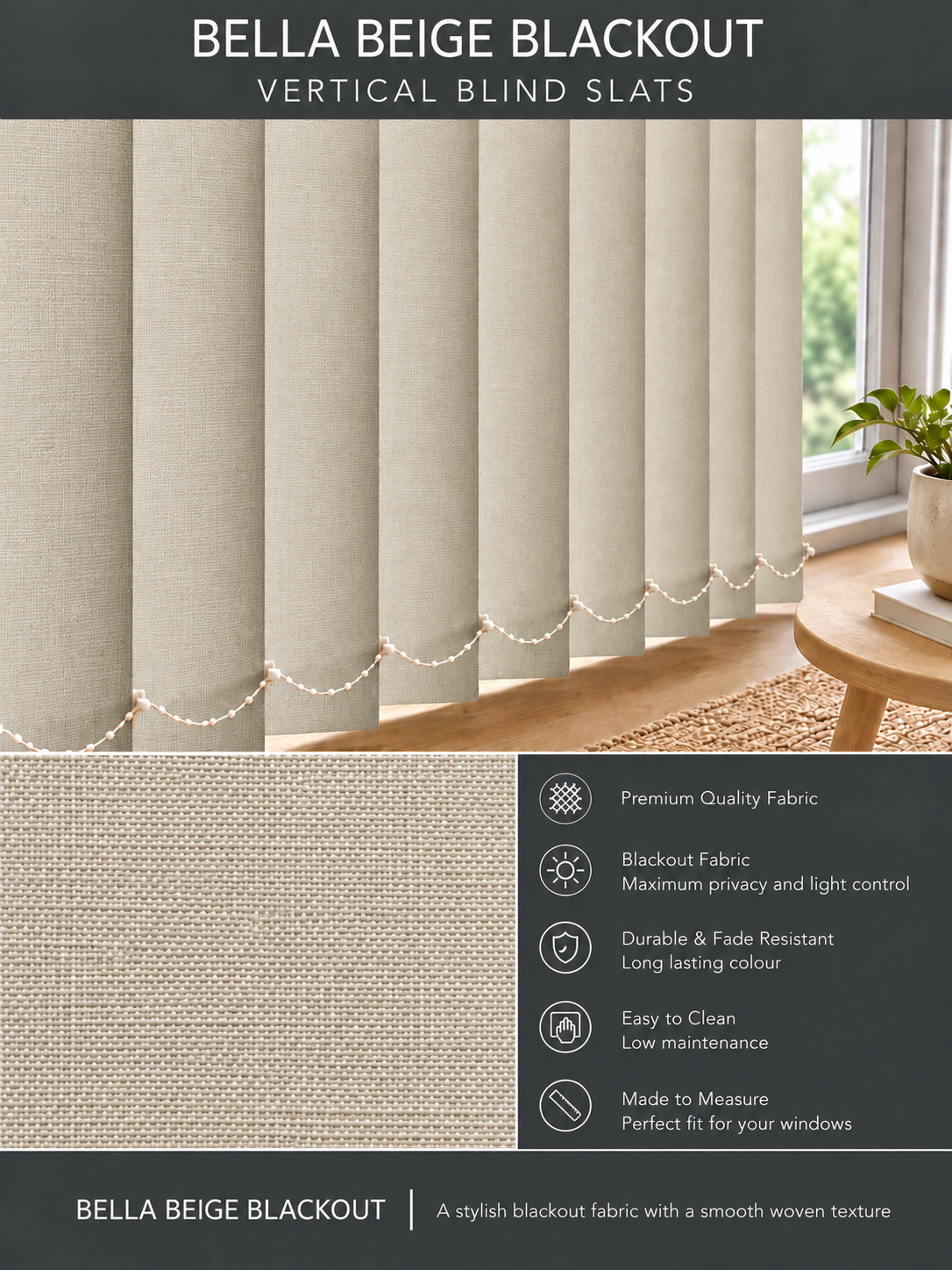 Bella Beige Blackout Vertical Blind Slats - Version 4