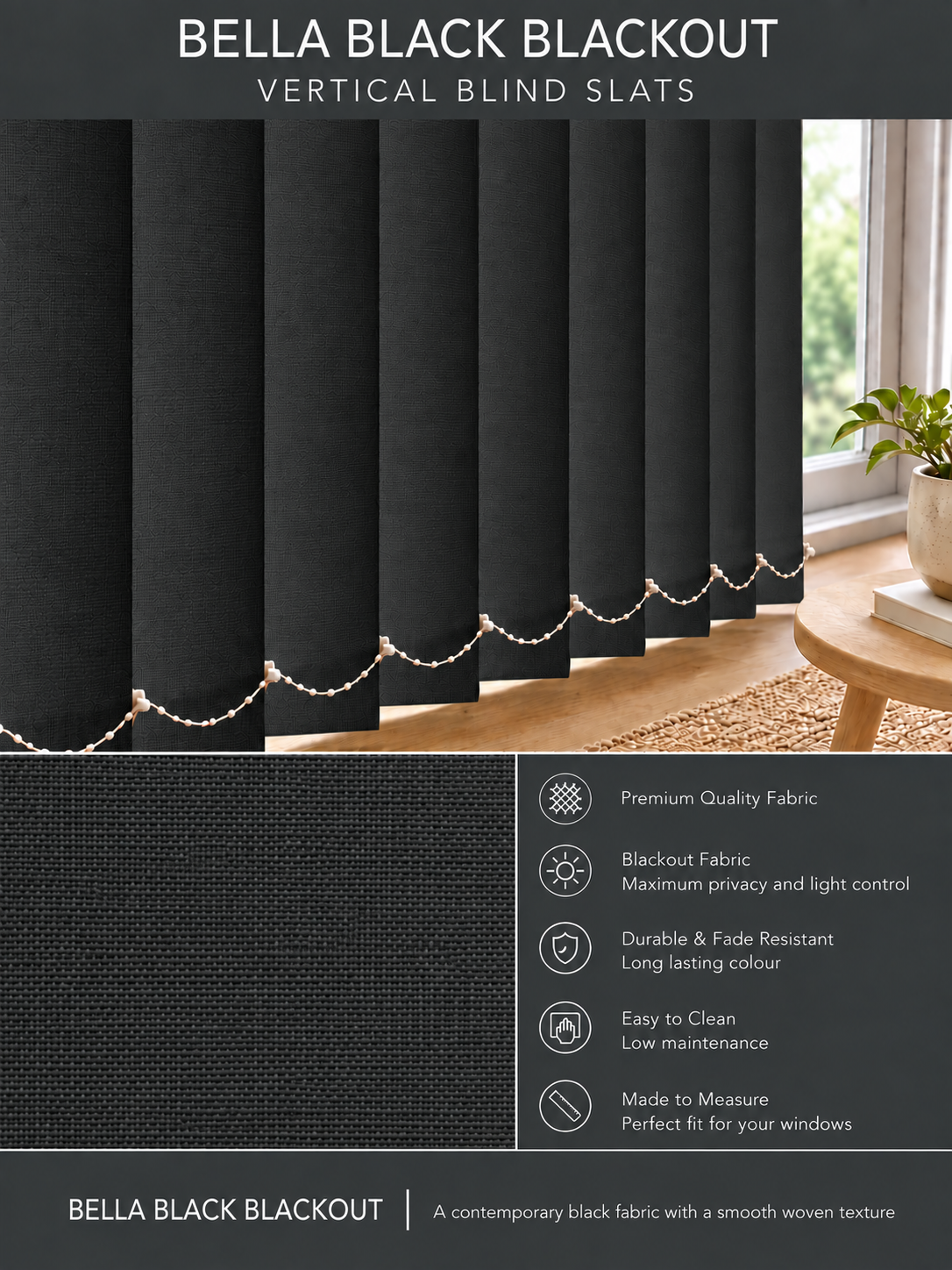 Bella Black Blackout Vertical Blind Slats - Version 4