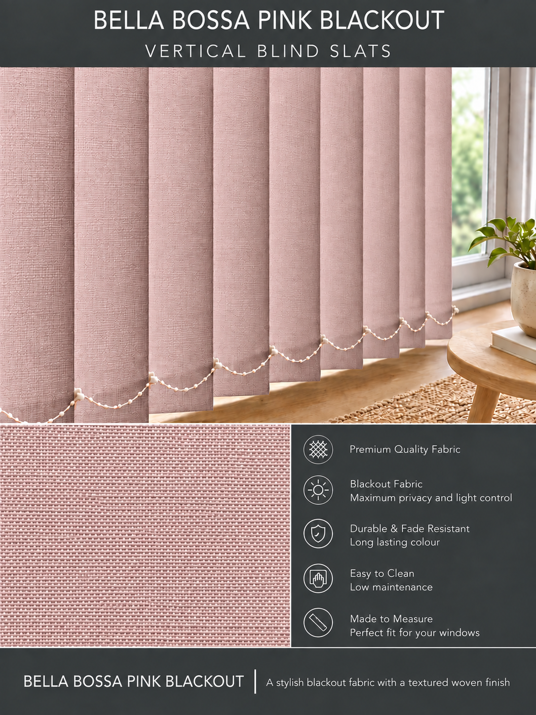 Bella Bossa Pink Blackout Vertical Blind Slats - Version 4