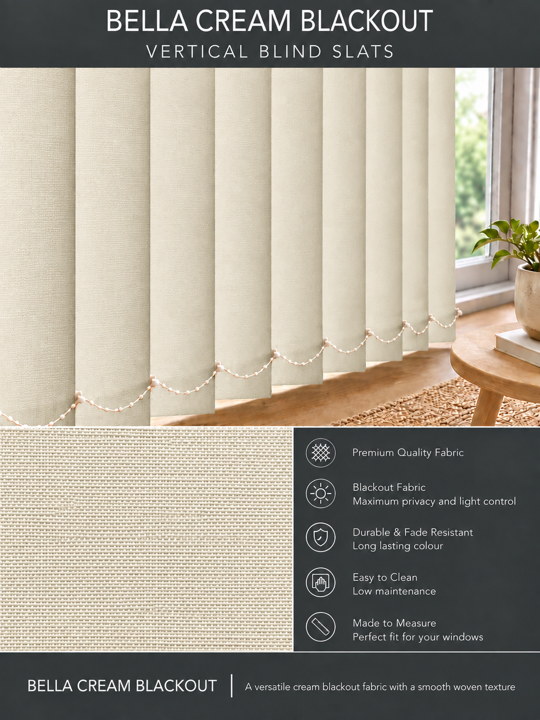Bella Cream Blackout Vertical Blind Slats - Version 4