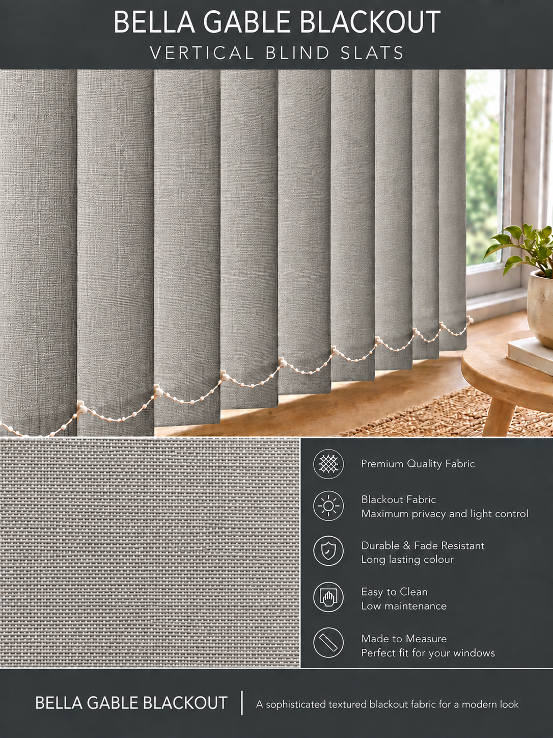 Bella Gable Blackout Vertical Blind Slats 89mm - Version 4