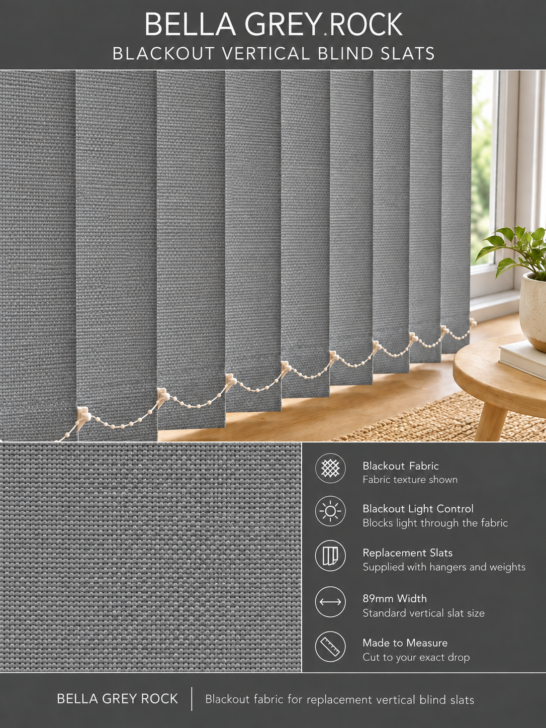 Bella Grey Rock blackout vertical blind slats (89mm)