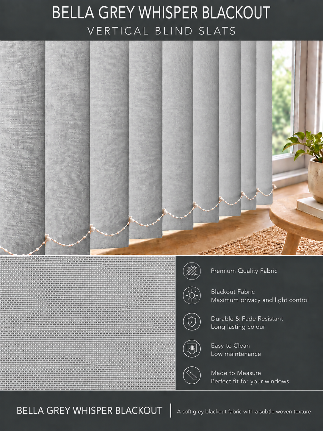 Bella Grey Whisper Blackout Vertical Blind Slats 89mm - Version 4