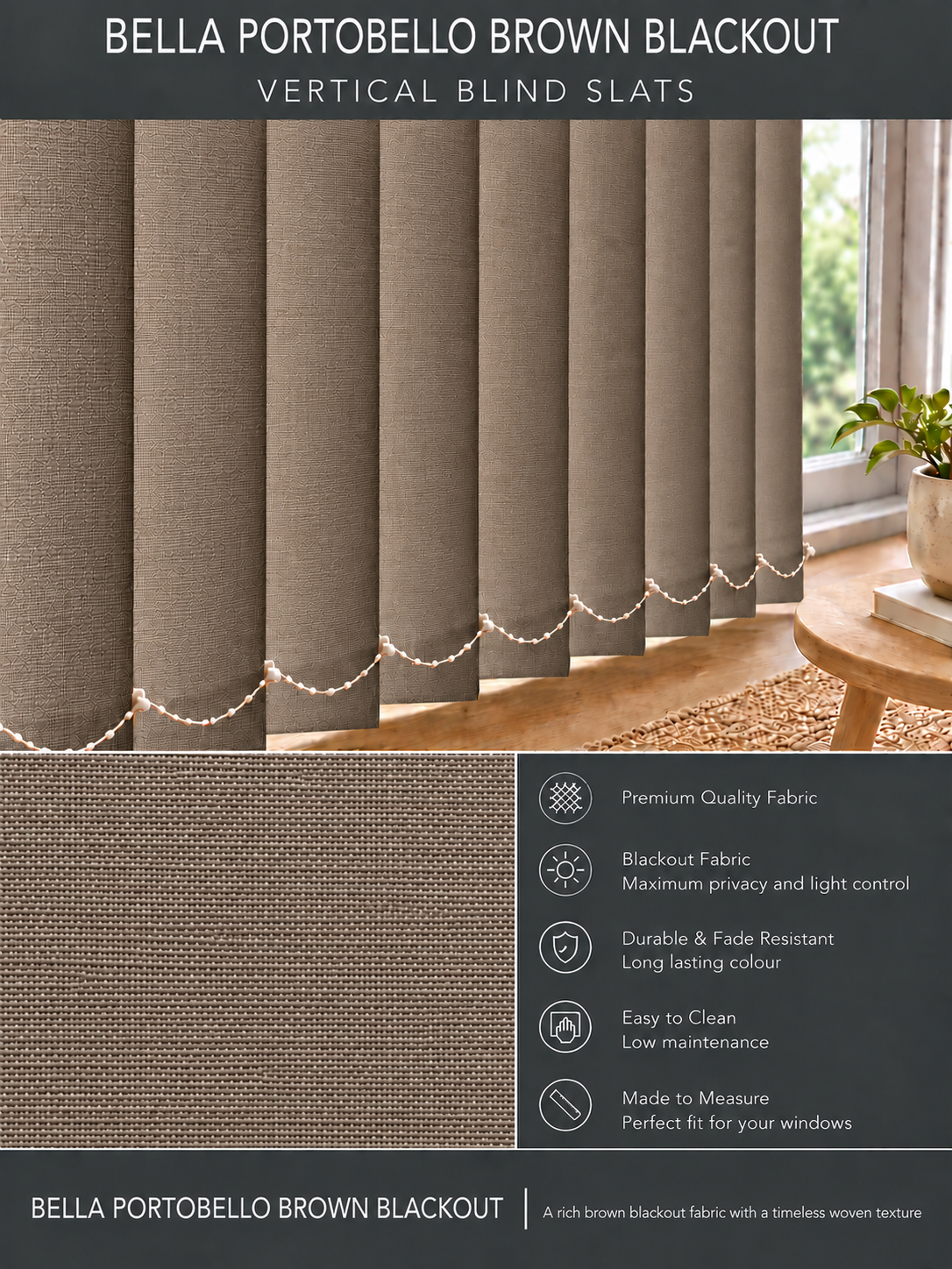 Bella Portobello Brown Blackout Vertical Blind Slats - Version 4