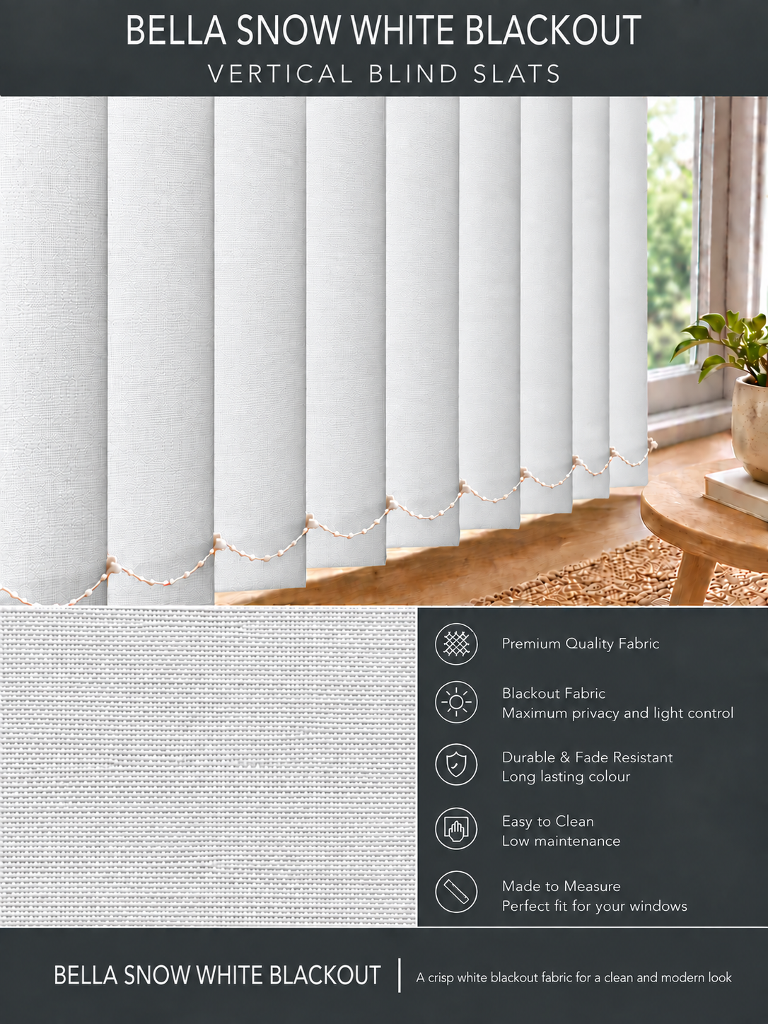 Bella Snow White Blackout Vertical Blind Slats - Version 4