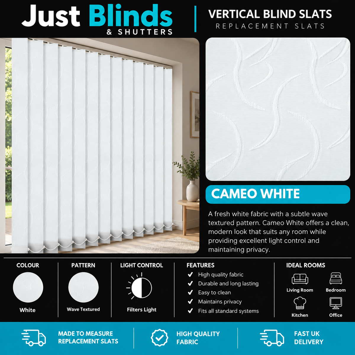 Cameo White Vertical Blind Slats 89mm - correct Senna template