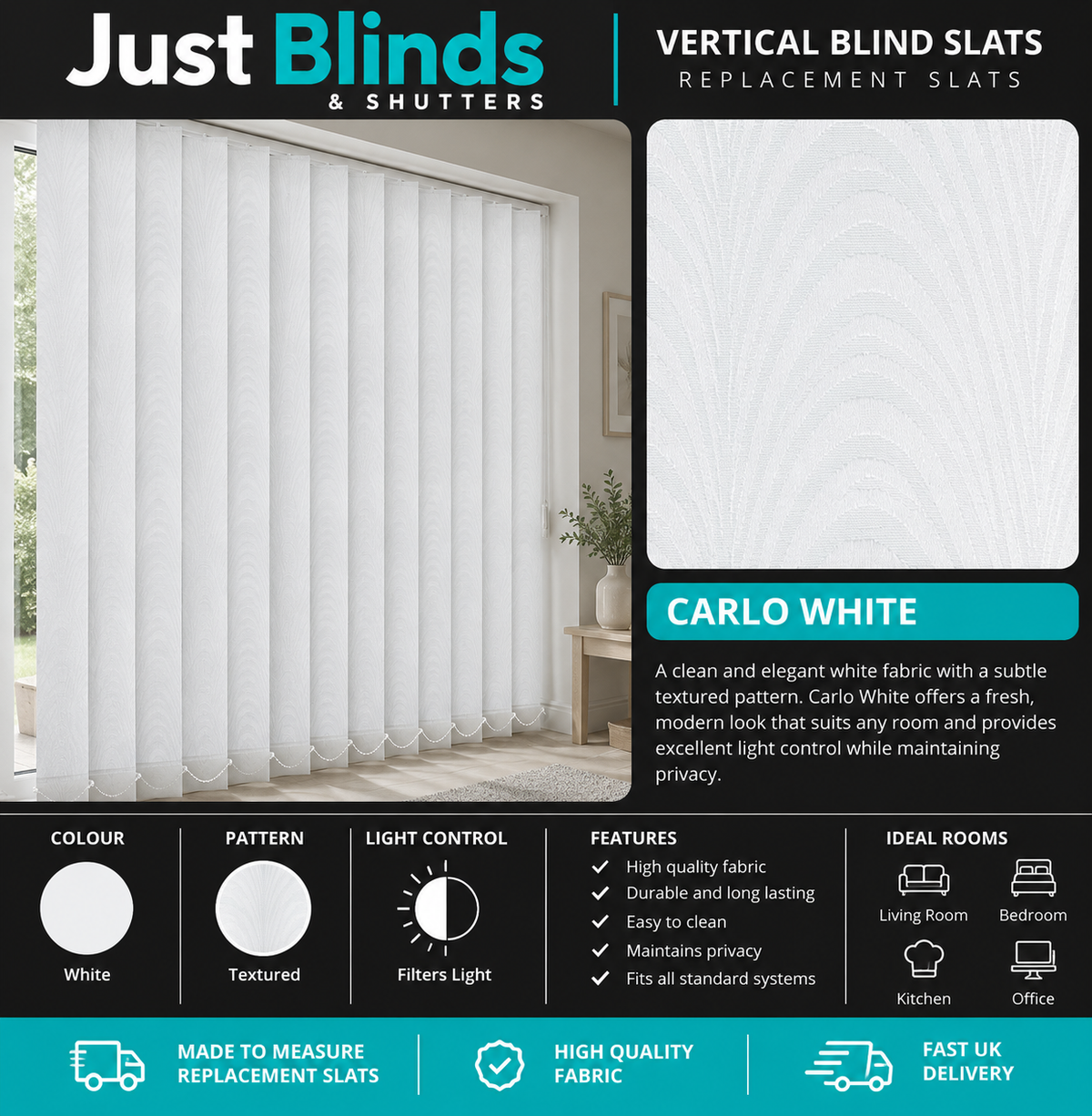 Carlo White Vertical Blind Slats 89mm - Senna template