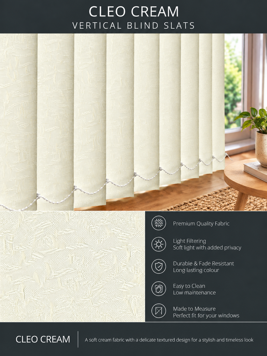 Cleo Cream Vertical Blind Slats 89mm - Version 3