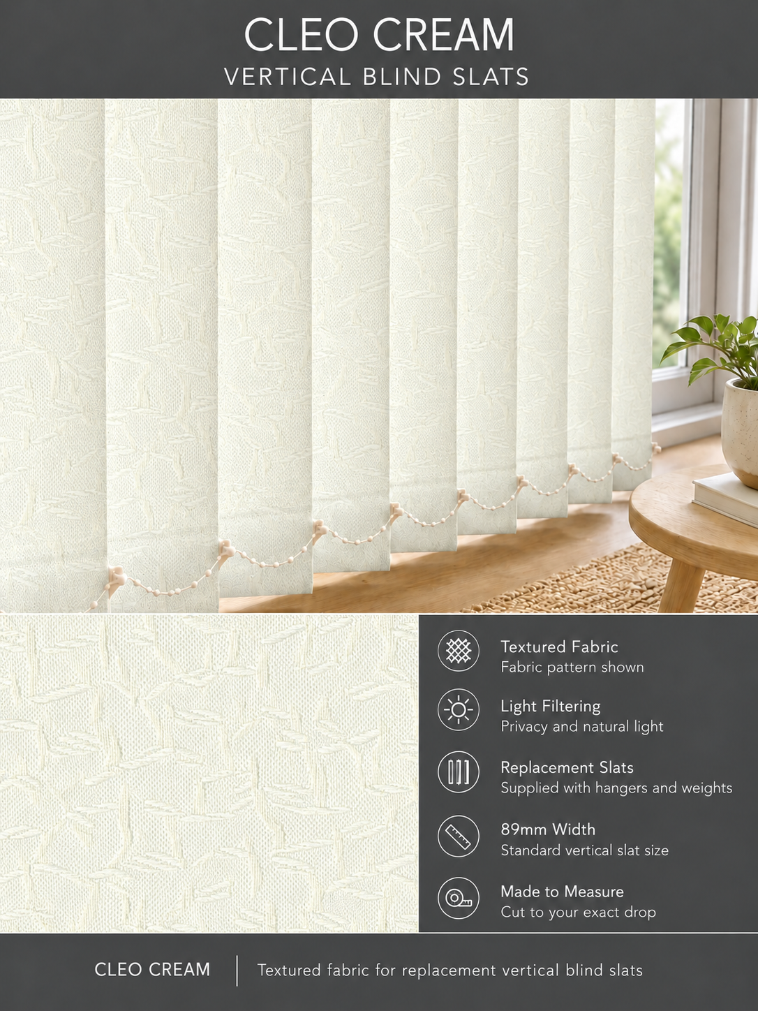 Cleo Cream Vertical Blind Slats (89mm) — Fitz template