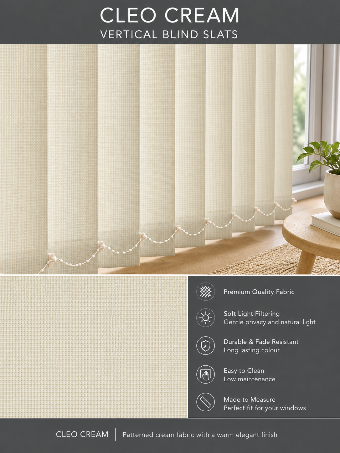 Cleo Cream vertical blind slats in Senna-style product display