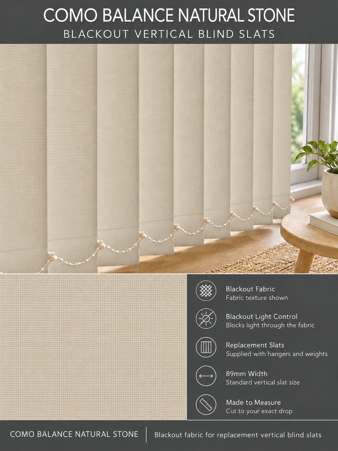 Como Balance Natural Stone Blackout Vertical Blind Slats fabric and features