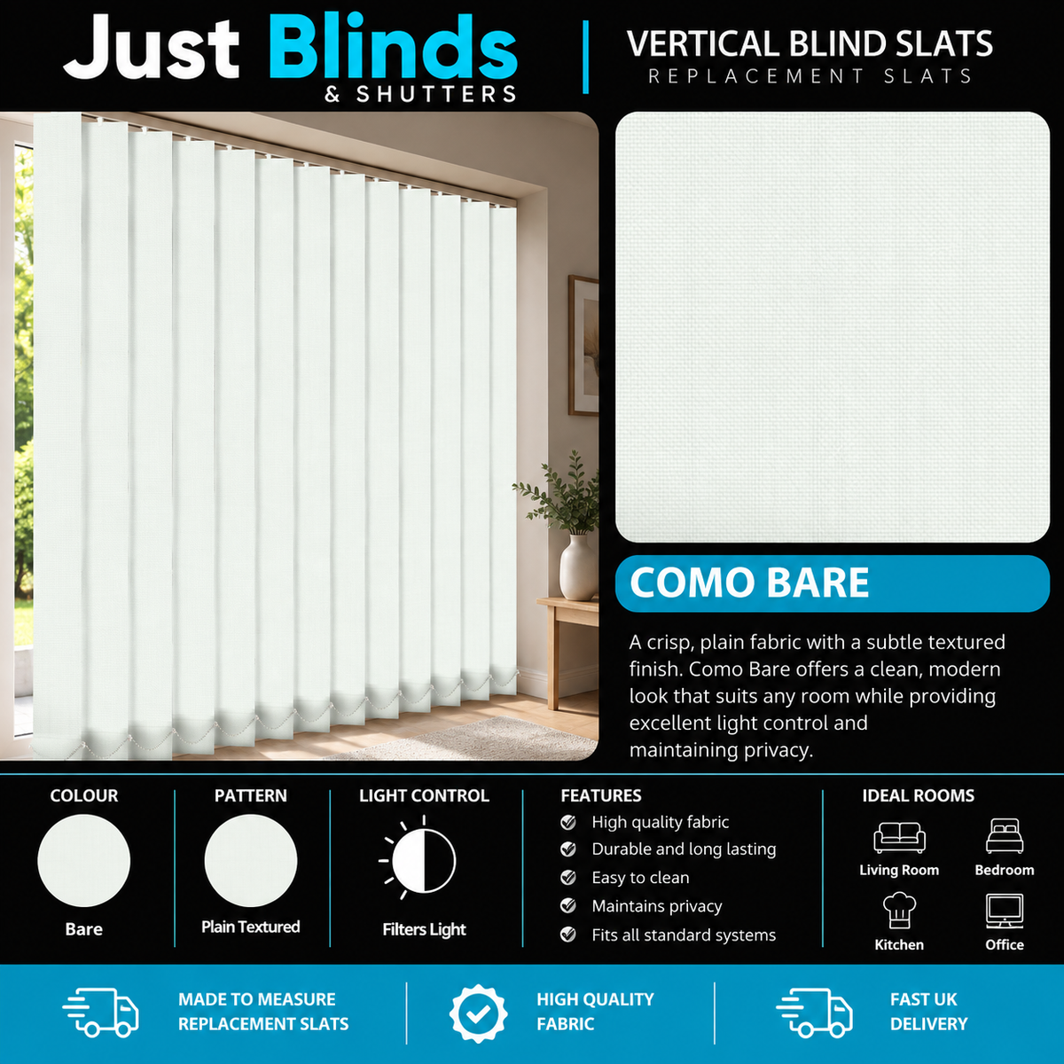 Como Bare White Blackout Vertical Blind Slats - correct Senna template