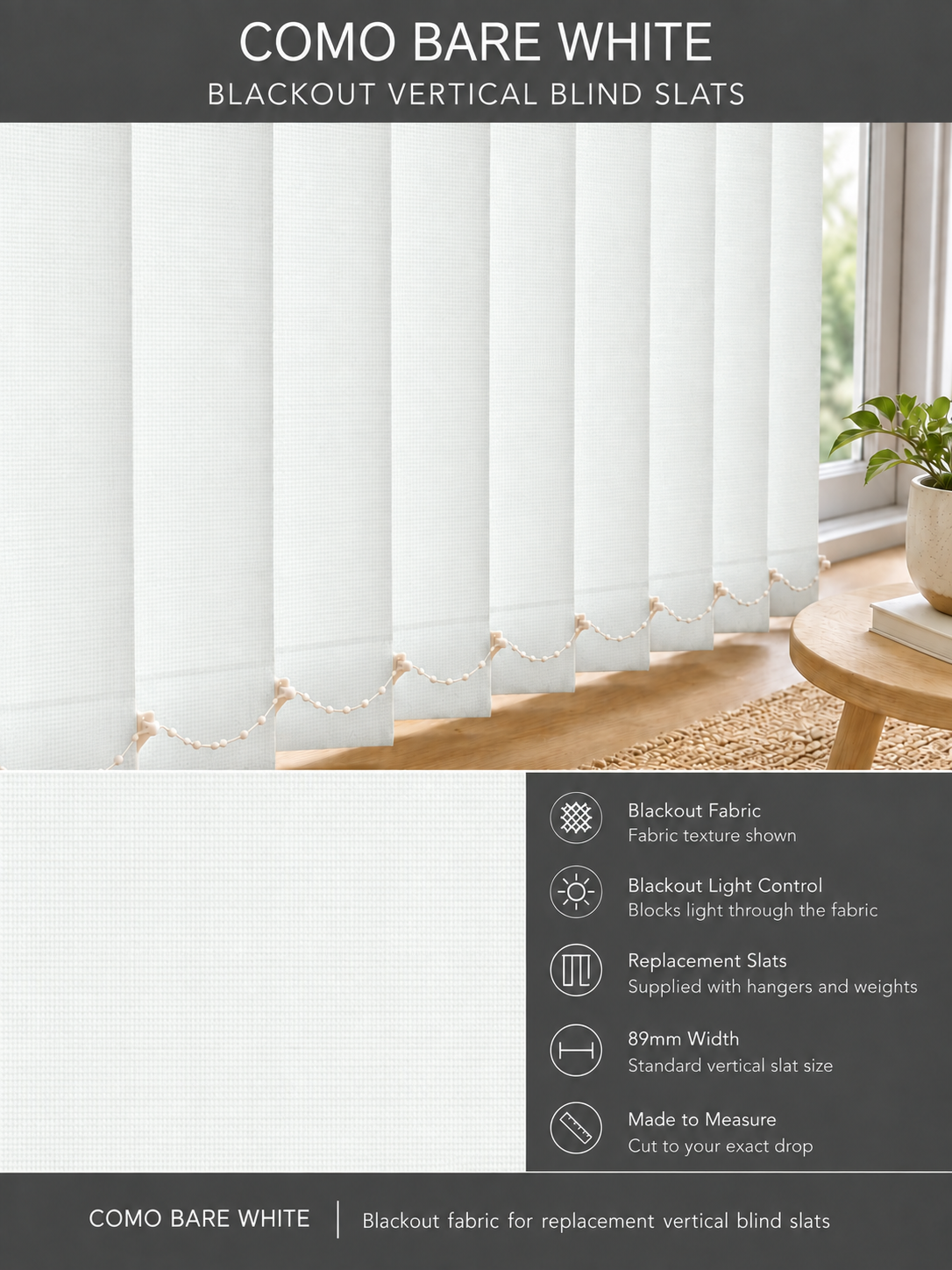 Como Bare White blackout vertical blind slats (89mm)