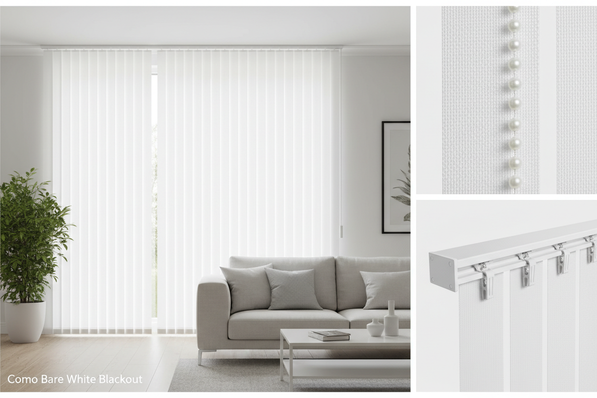 Como Bare White Blackout Vertical Blind Slats