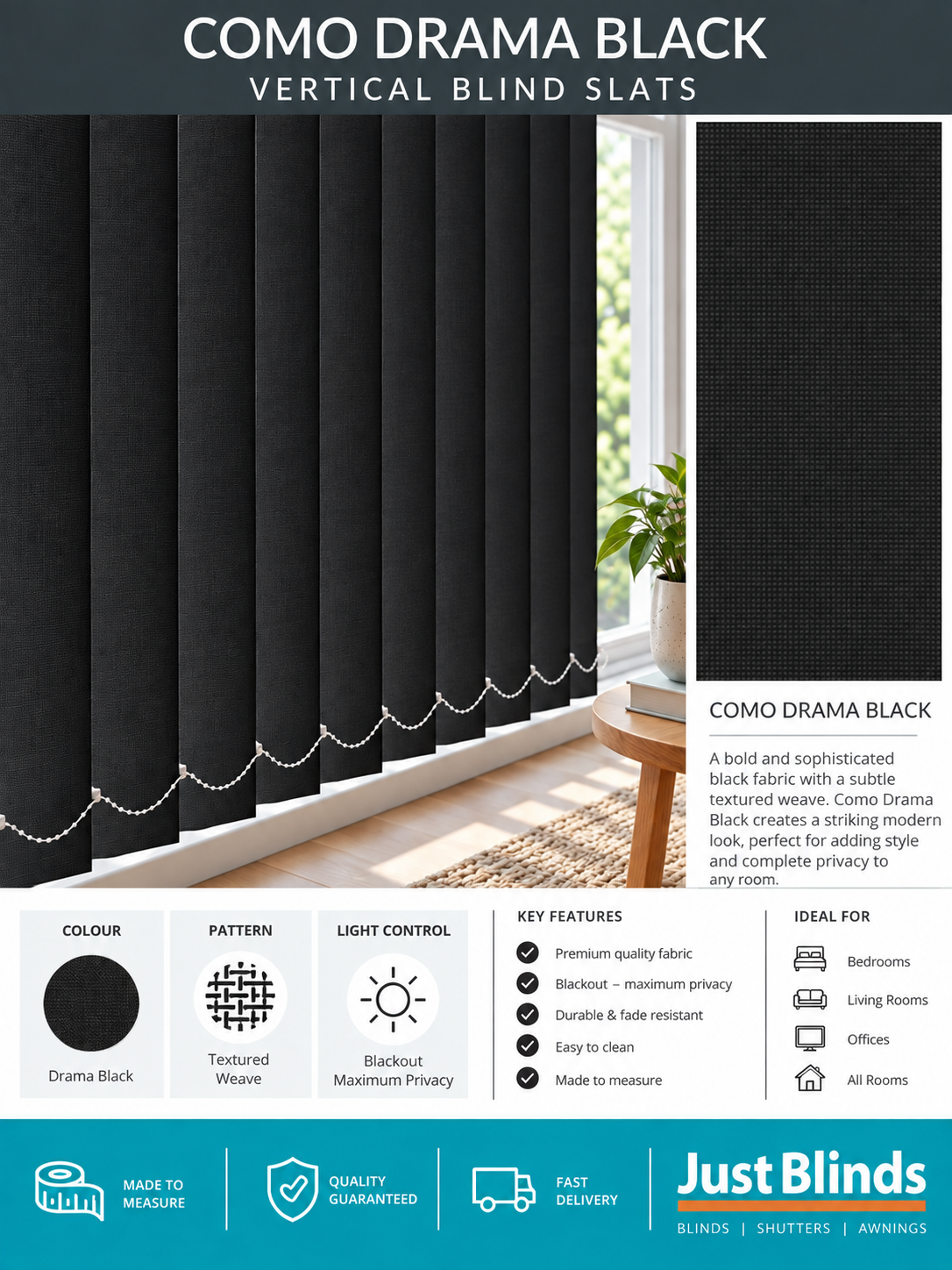Como Drama Black Blackout Vertical Blind Slats - Version 4
