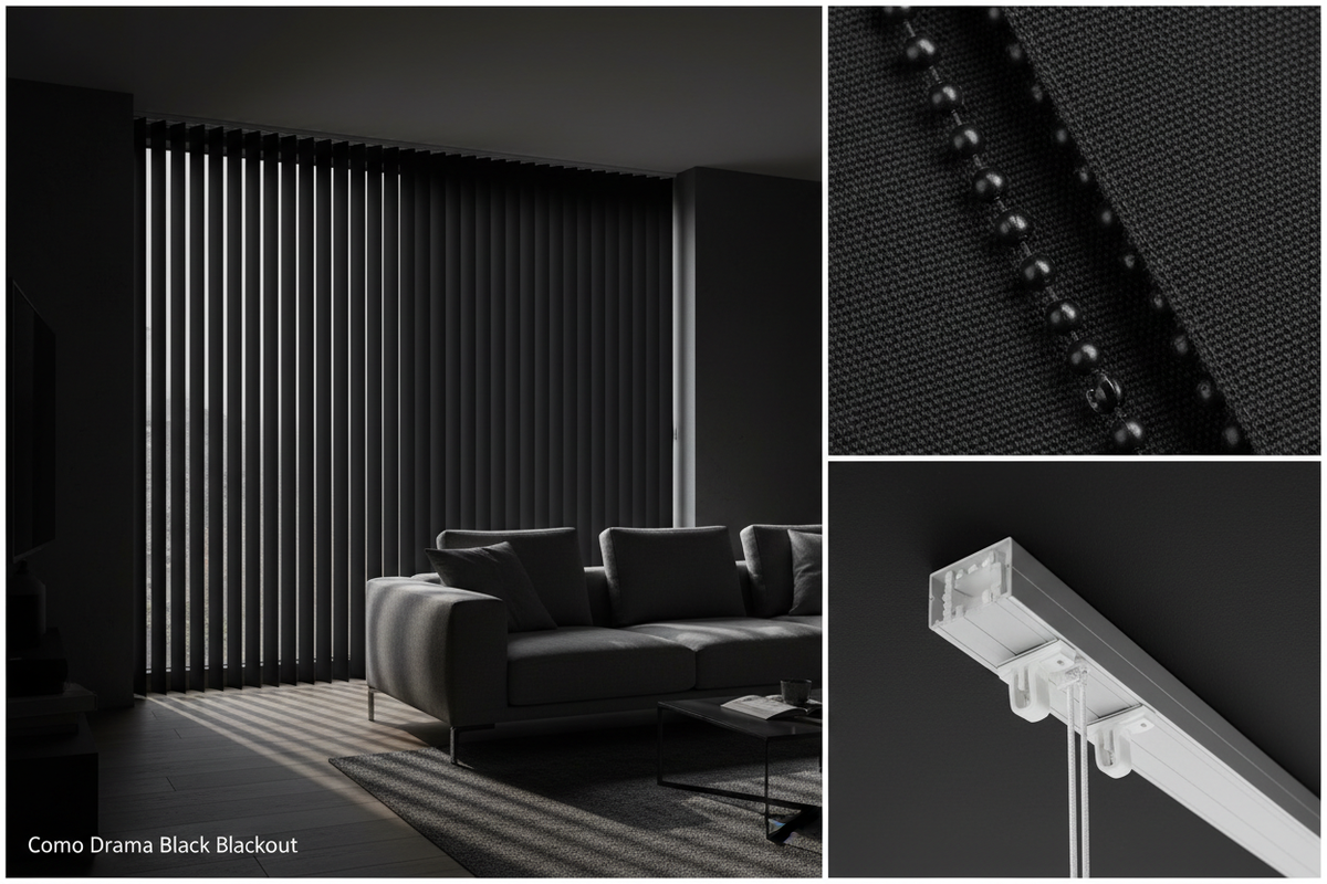 Como Drama Black Blackout Vertical Blind Slats