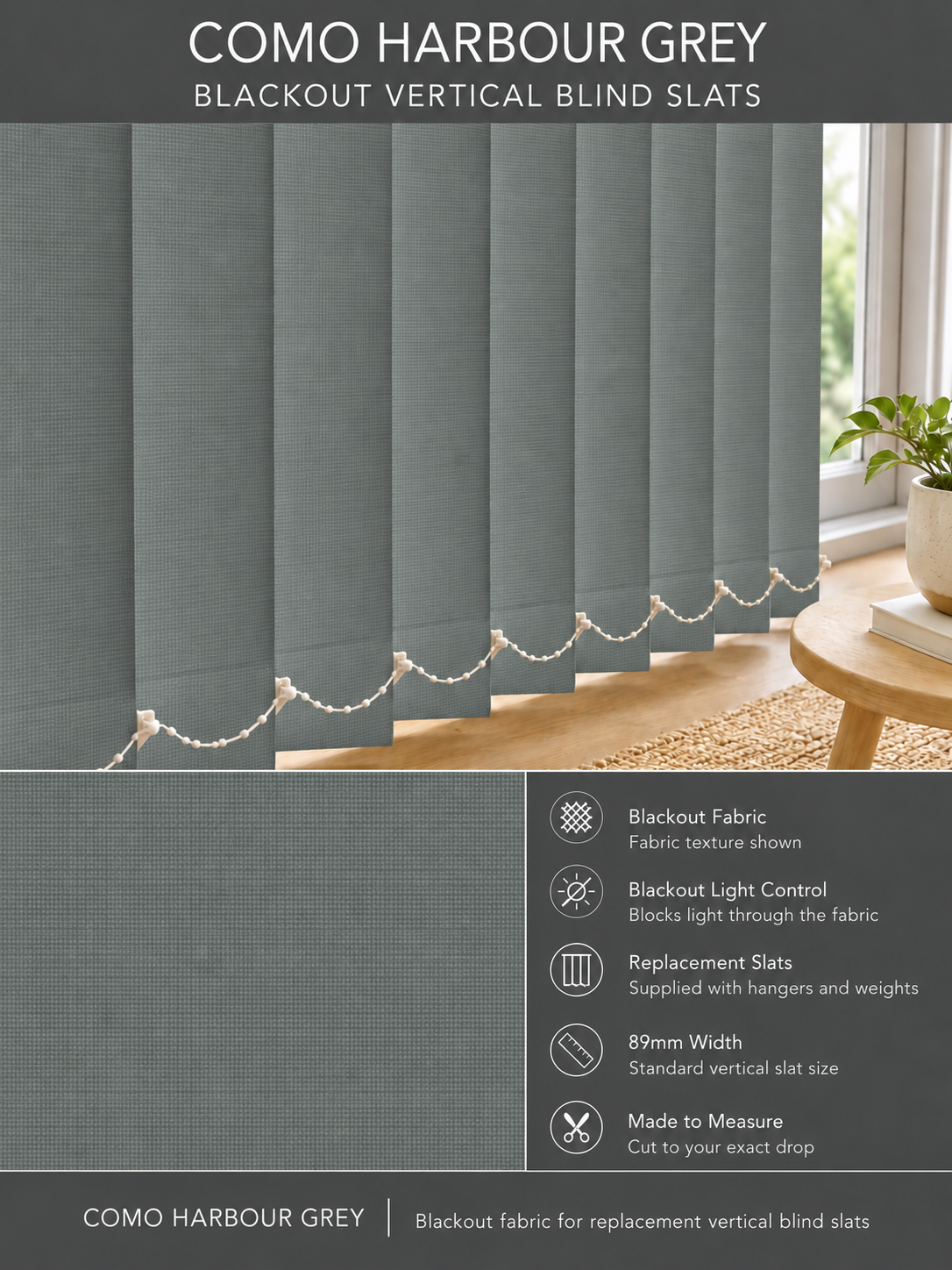 Como Harbour Grey Blackout Vertical Blind Slats fabric and features