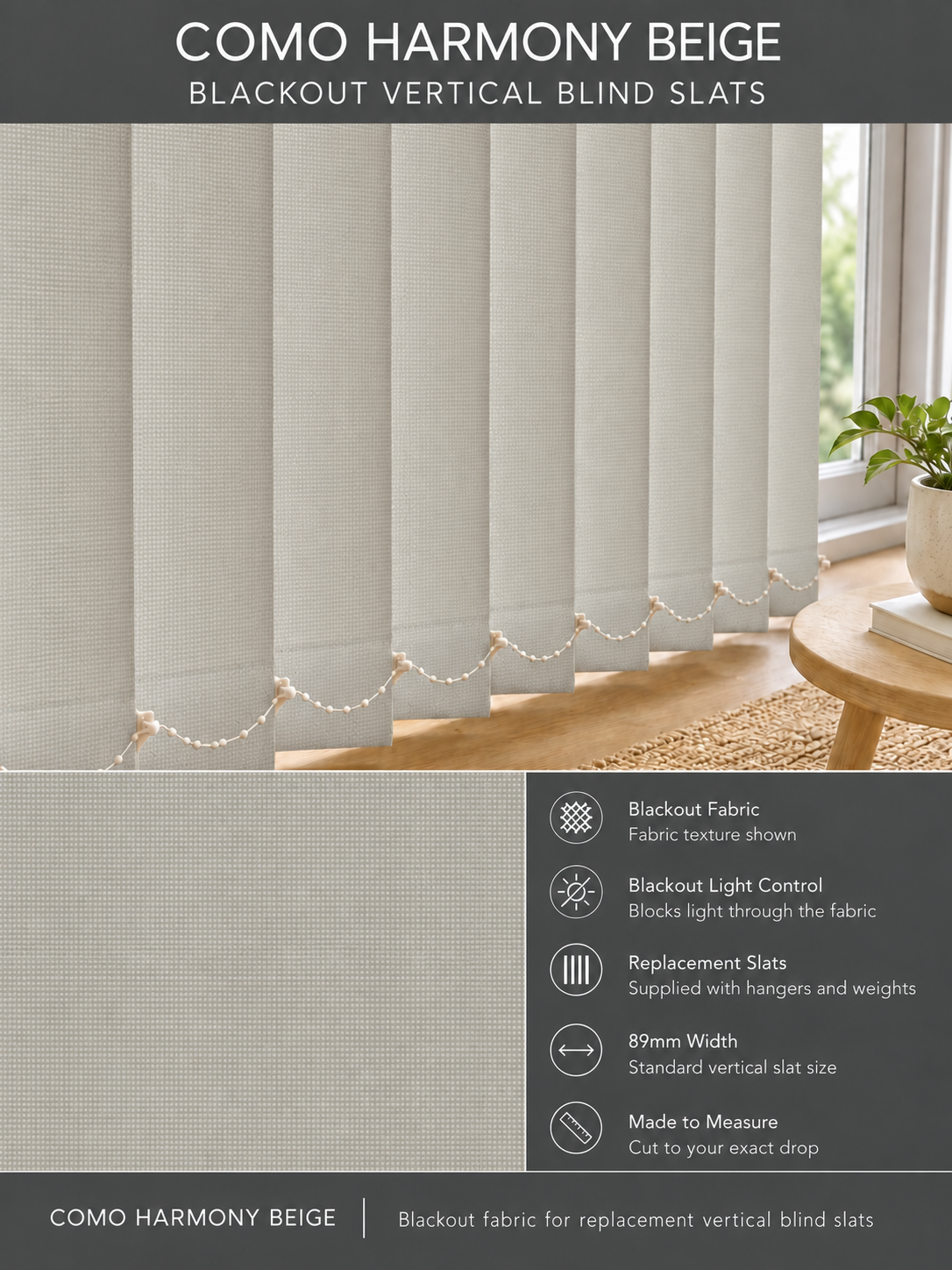 Como Harmony Beige Blackout Vertical Blind Slats — Fitz template