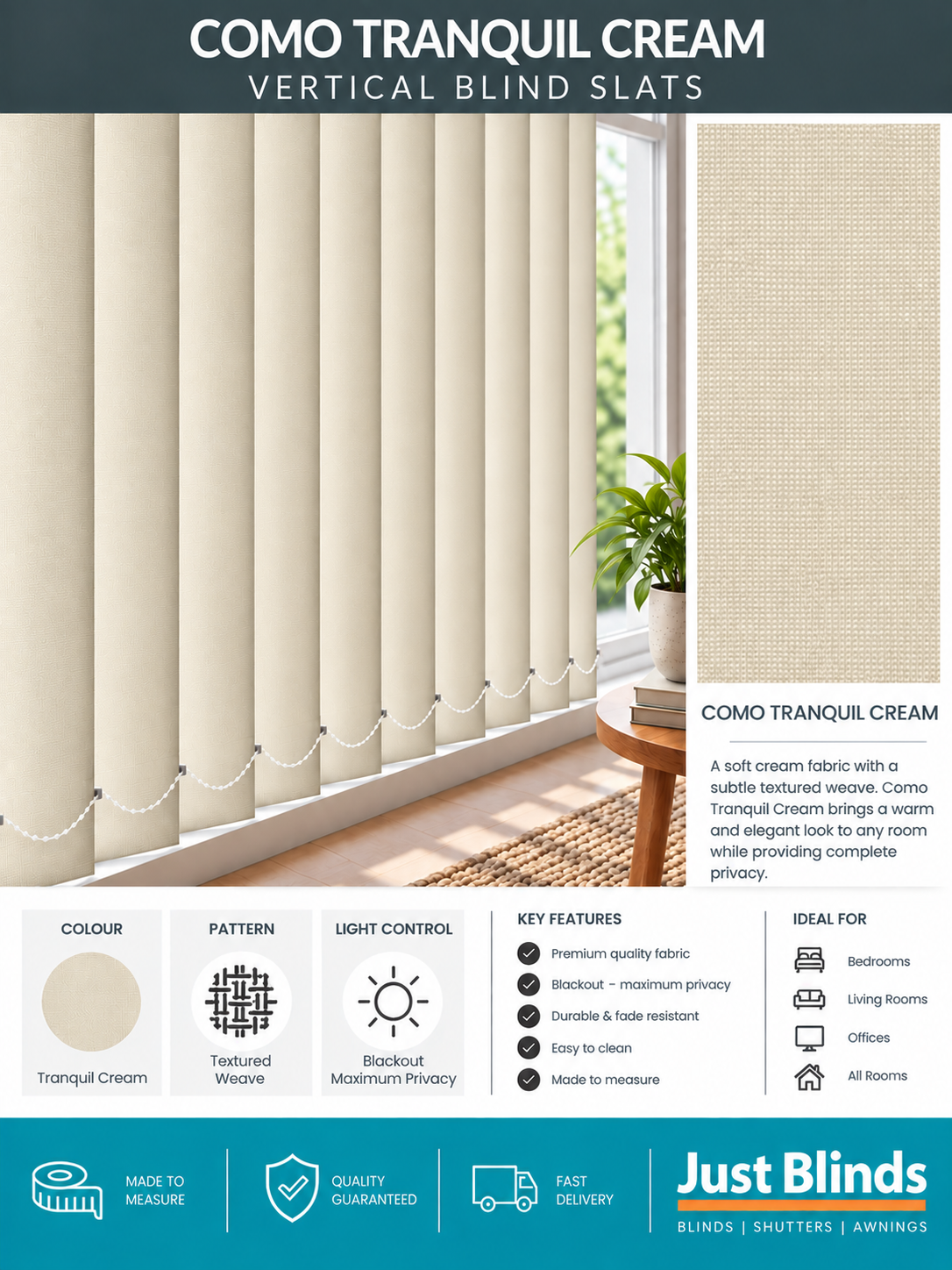 Como Tranquil Cream Blackout Vertical Blind Slats 89mm - Version 4