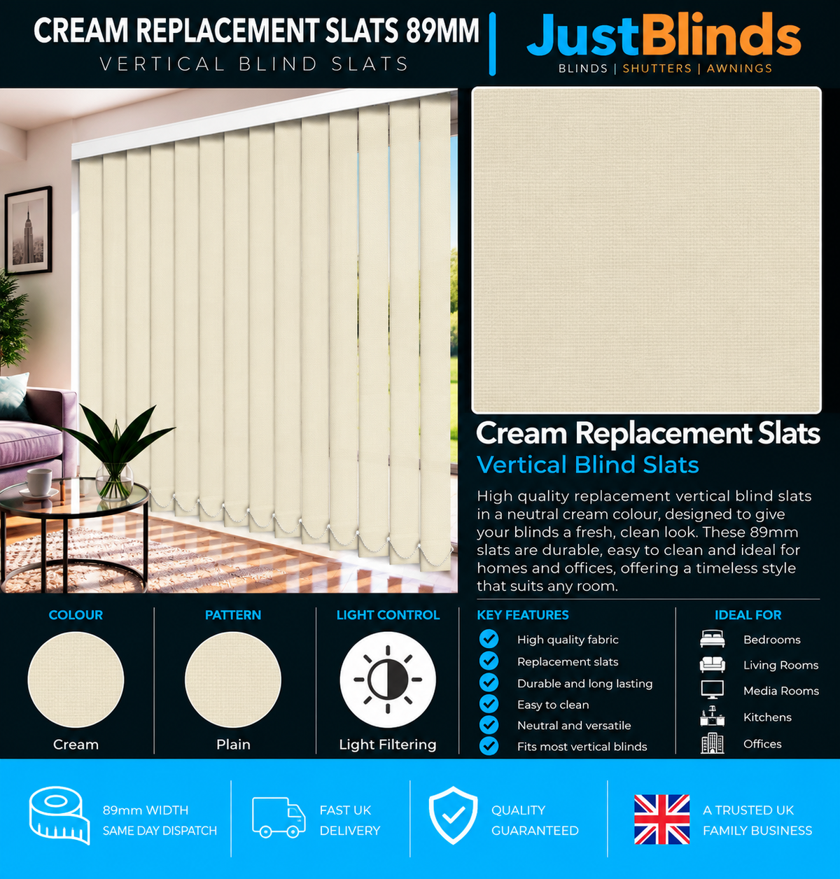 Cream Replacement Vertical Blind Slats 89mm - Version 3
