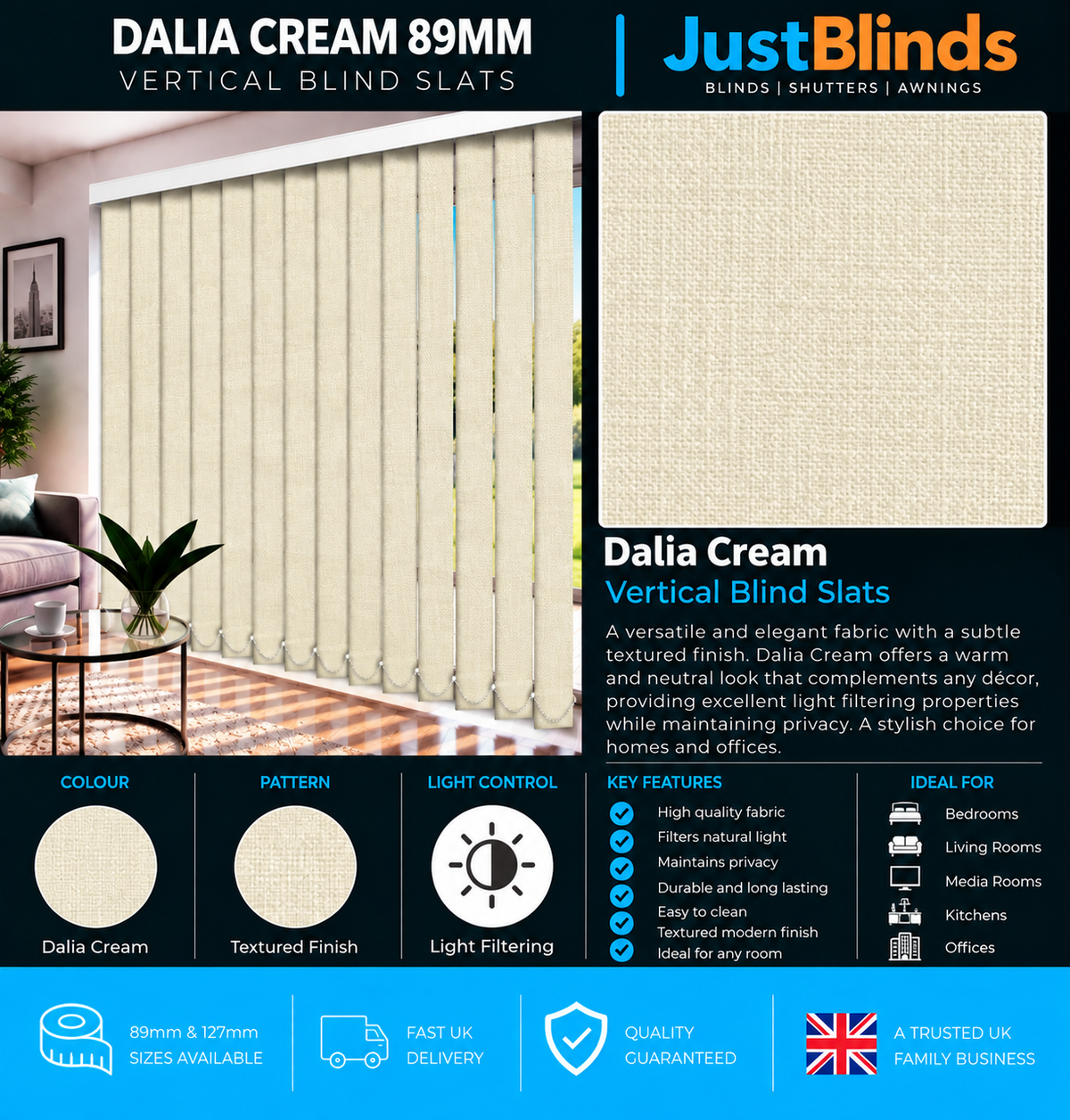 Dalia Cream Vertical Blind Slats 89mm - Version 3