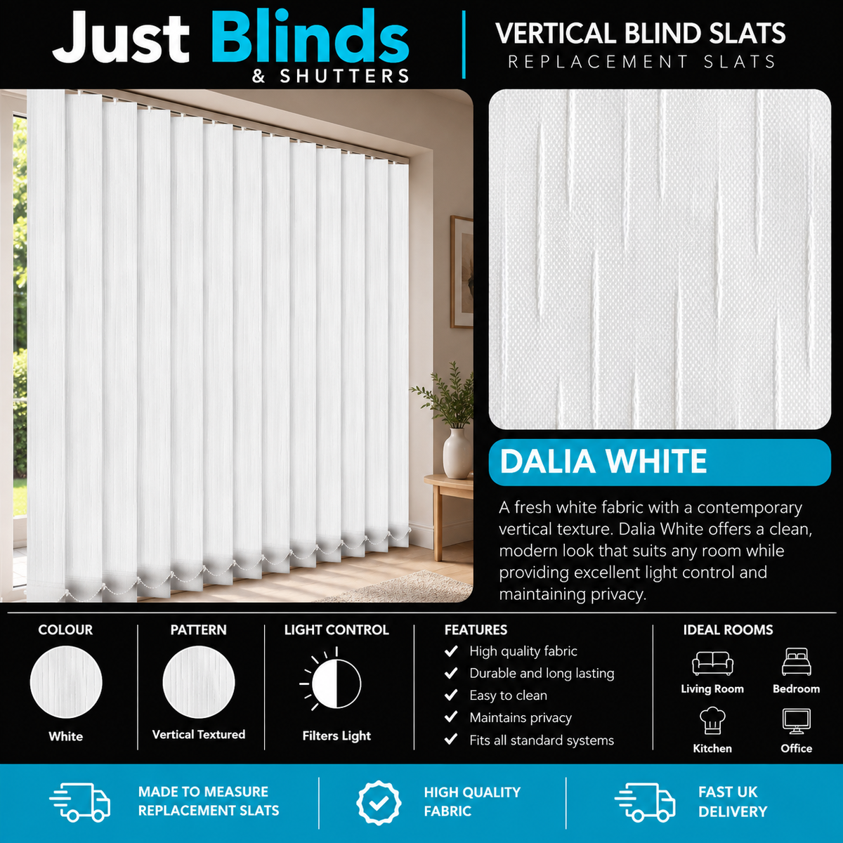 Dalia White Vertical Blind Slats 89mm - correct Senna template