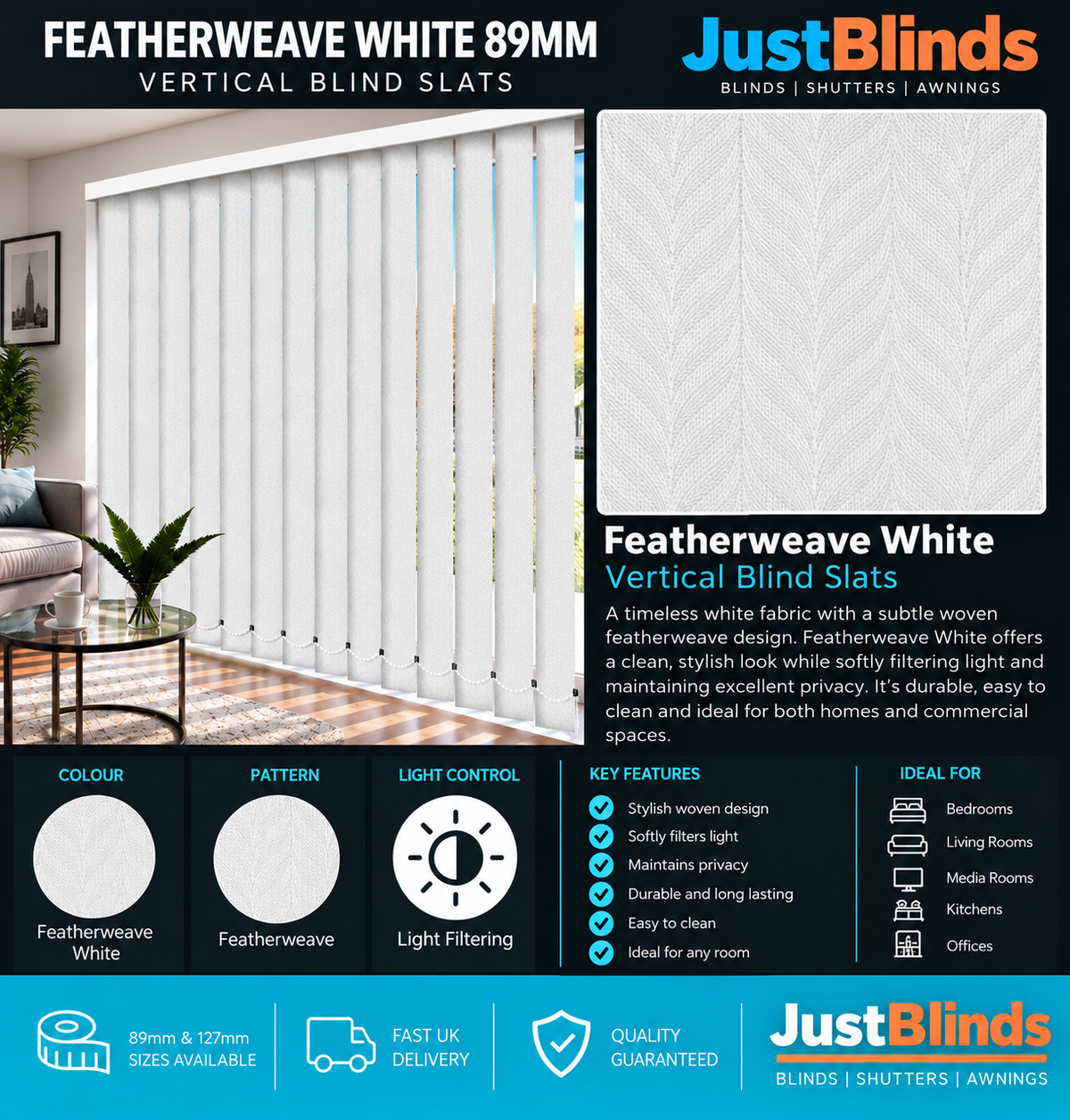 Featherweave White Vertical Blind Slats 89mm - Version 3