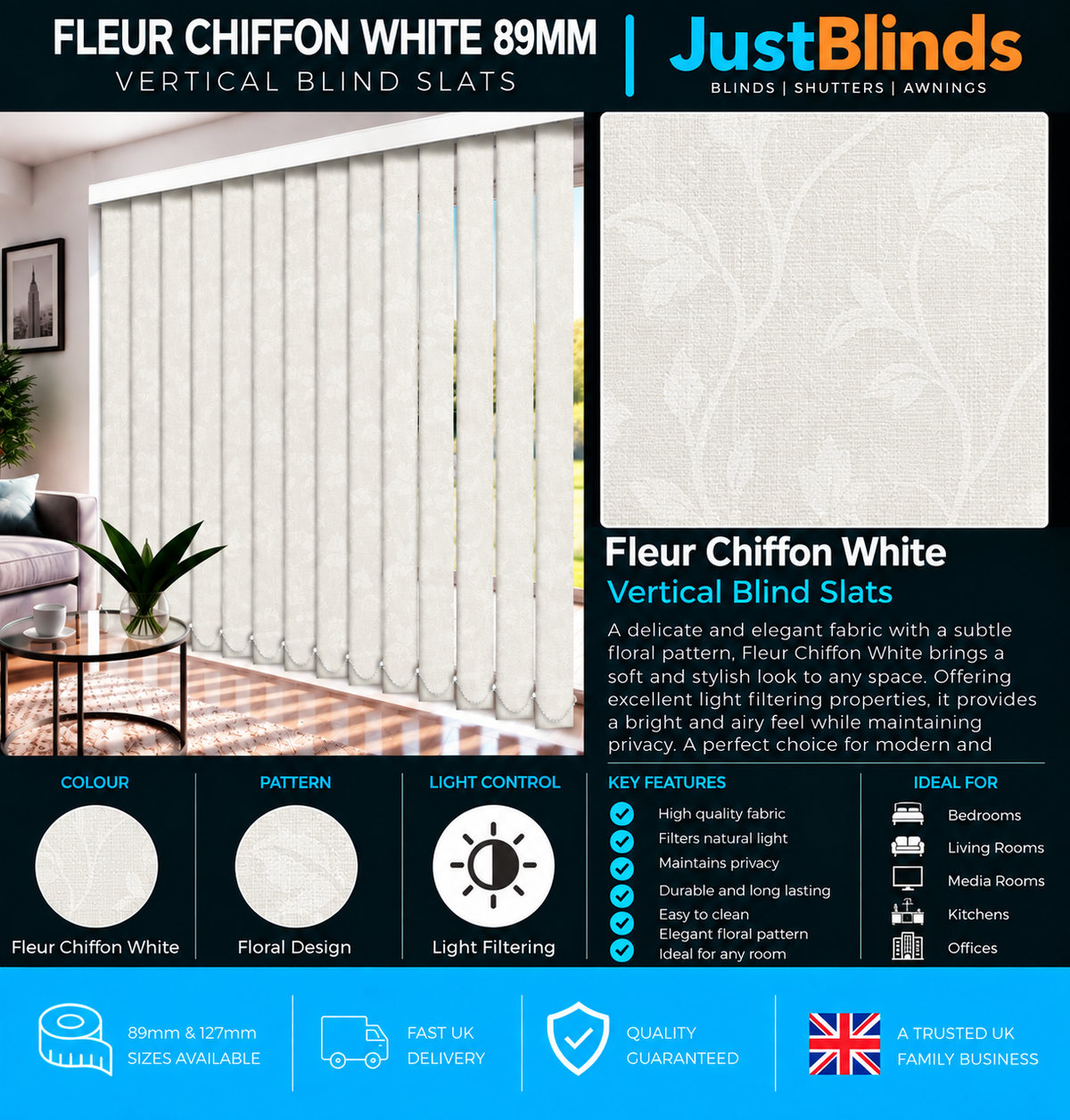 Fleur Chiffon White Vertical Blind Slats 89mm - Version 3