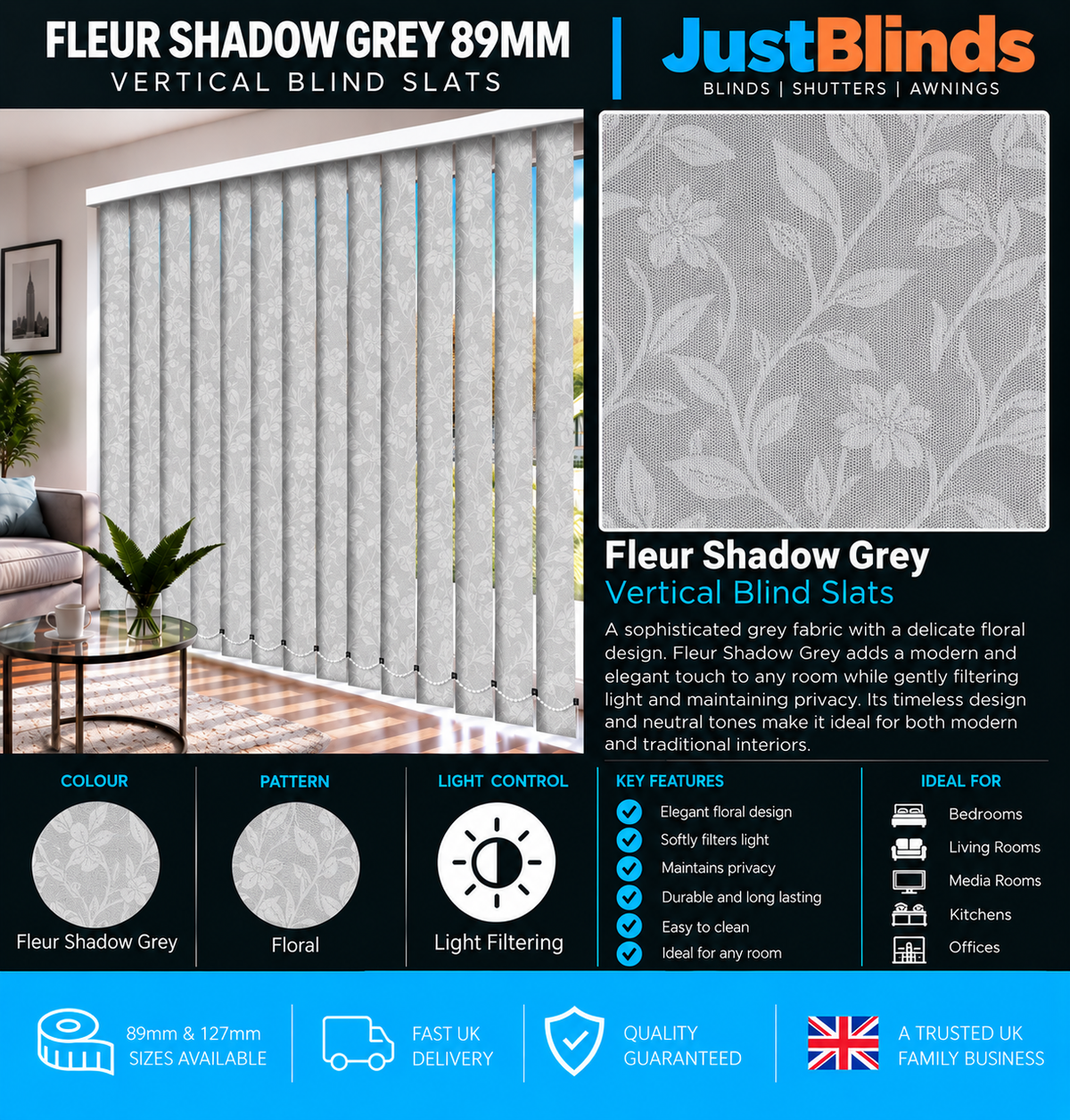 Fleur Shadow Grey Vertical Blind Slats 89mm - Version 3