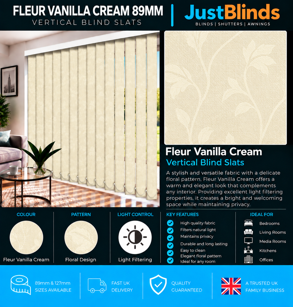 Fleur Vanilla Cream Vertical Blind Slats 89mm - Version 3