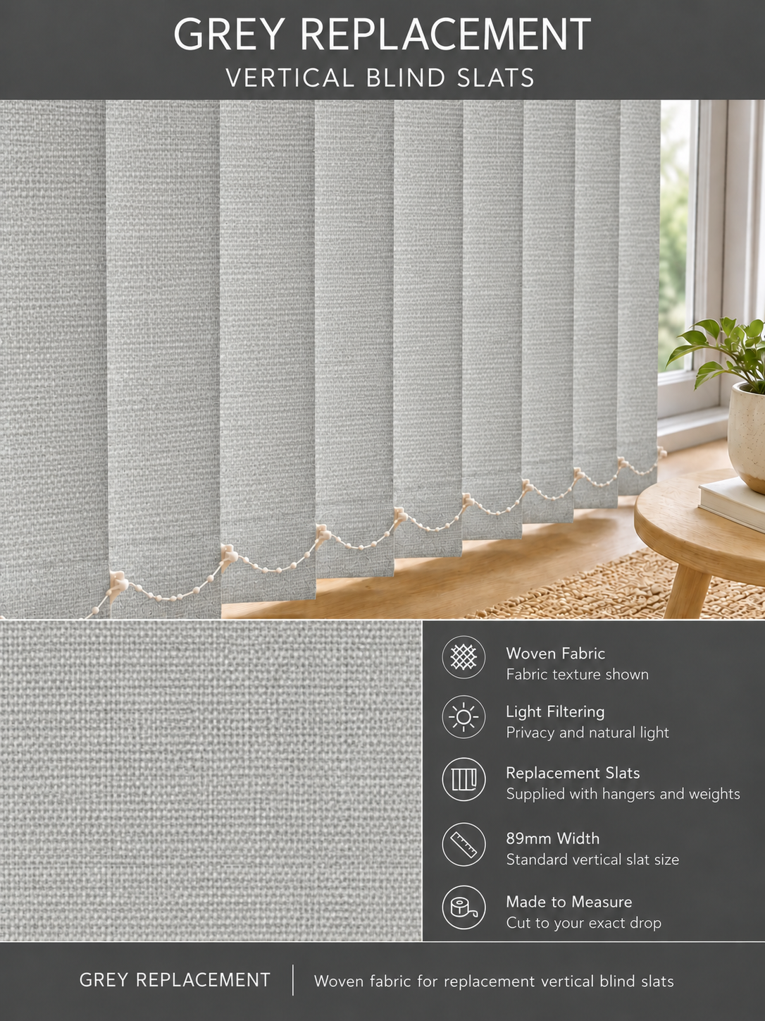 Grey Replacement Vertical Blind Slats (89mm) — Fitz template