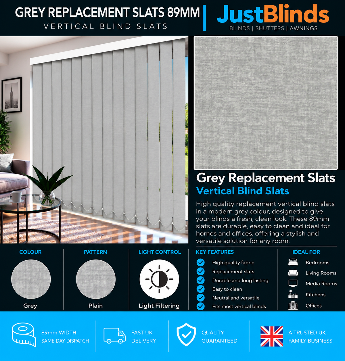 Grey Replacement Vertical Blind Slats 89mm - Version 3