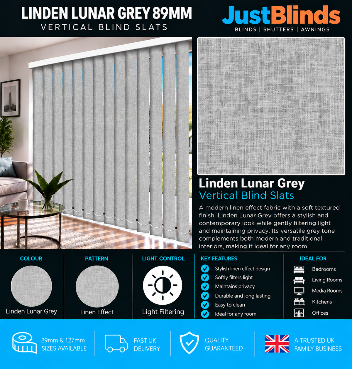Linden Lunar Grey Vertical Blind Slats 89mm - Version 3