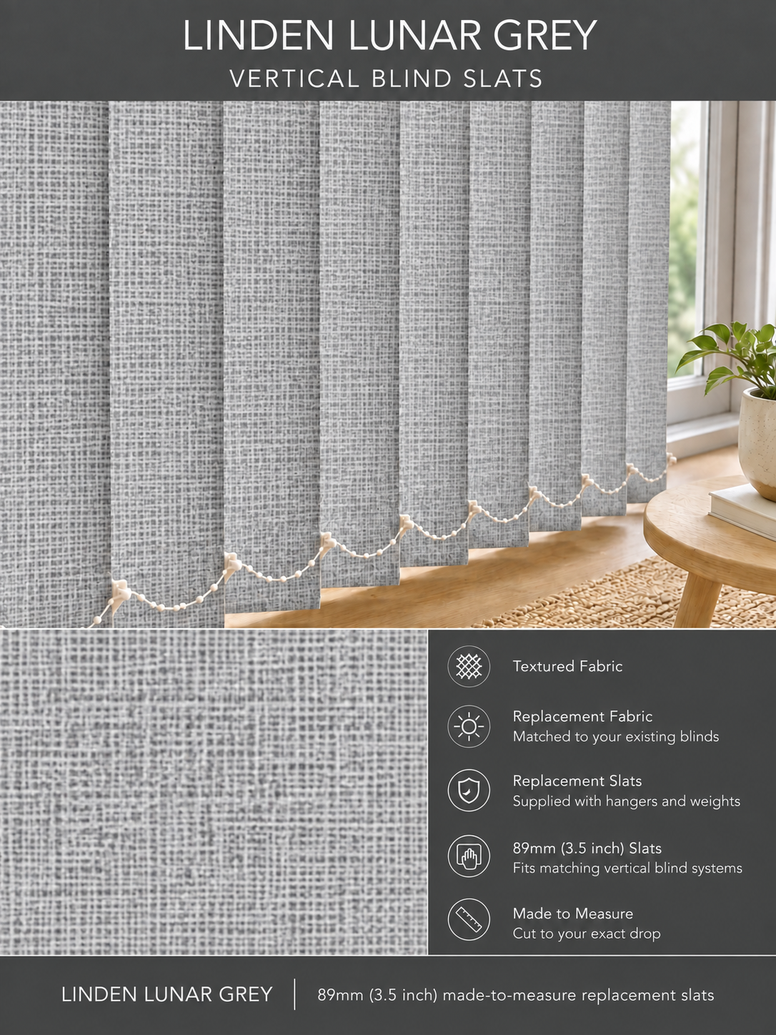 Linden Lunar Grey vertical blind slats (89mm)